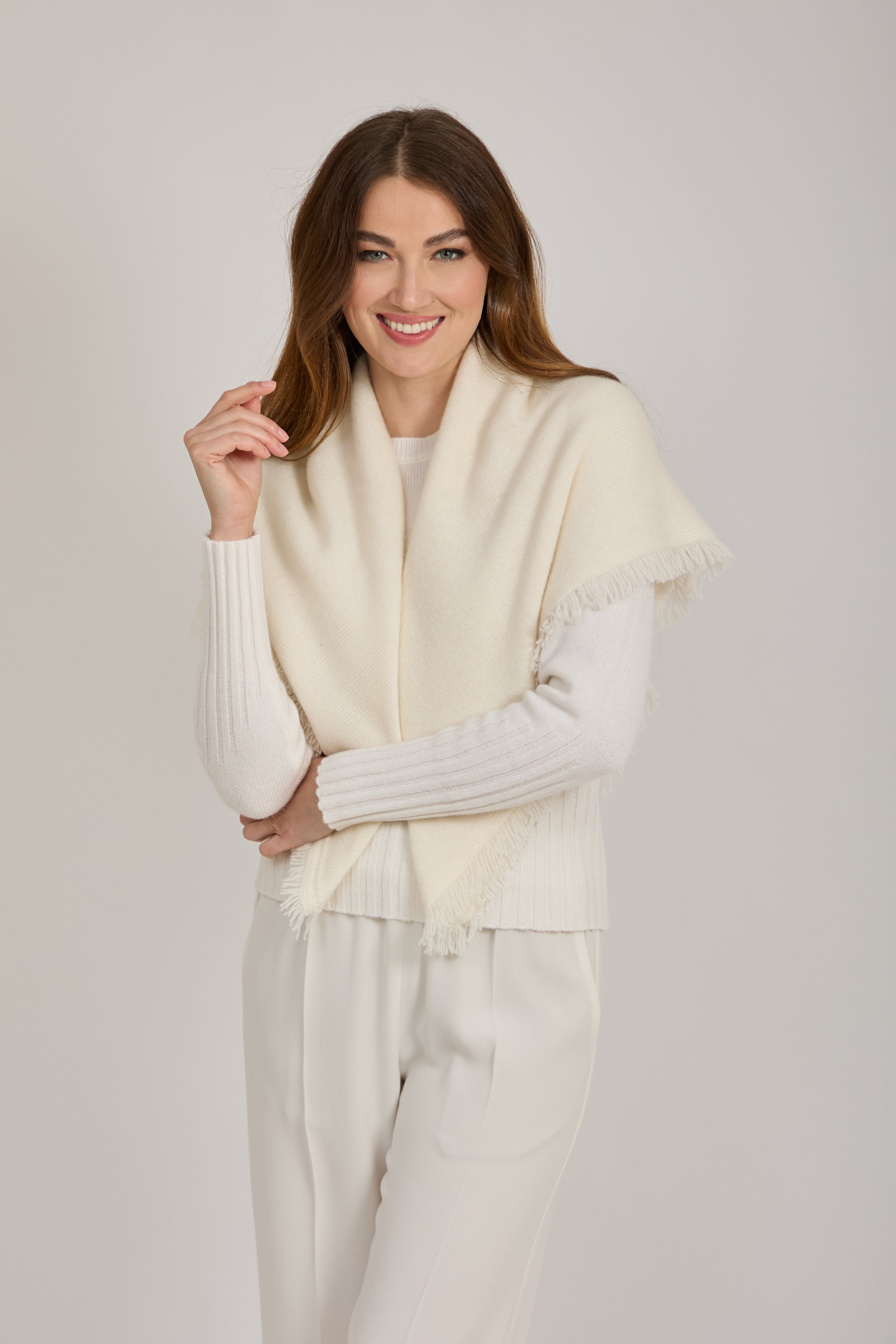 CASHMERE FRINGE SCARF -WHITE