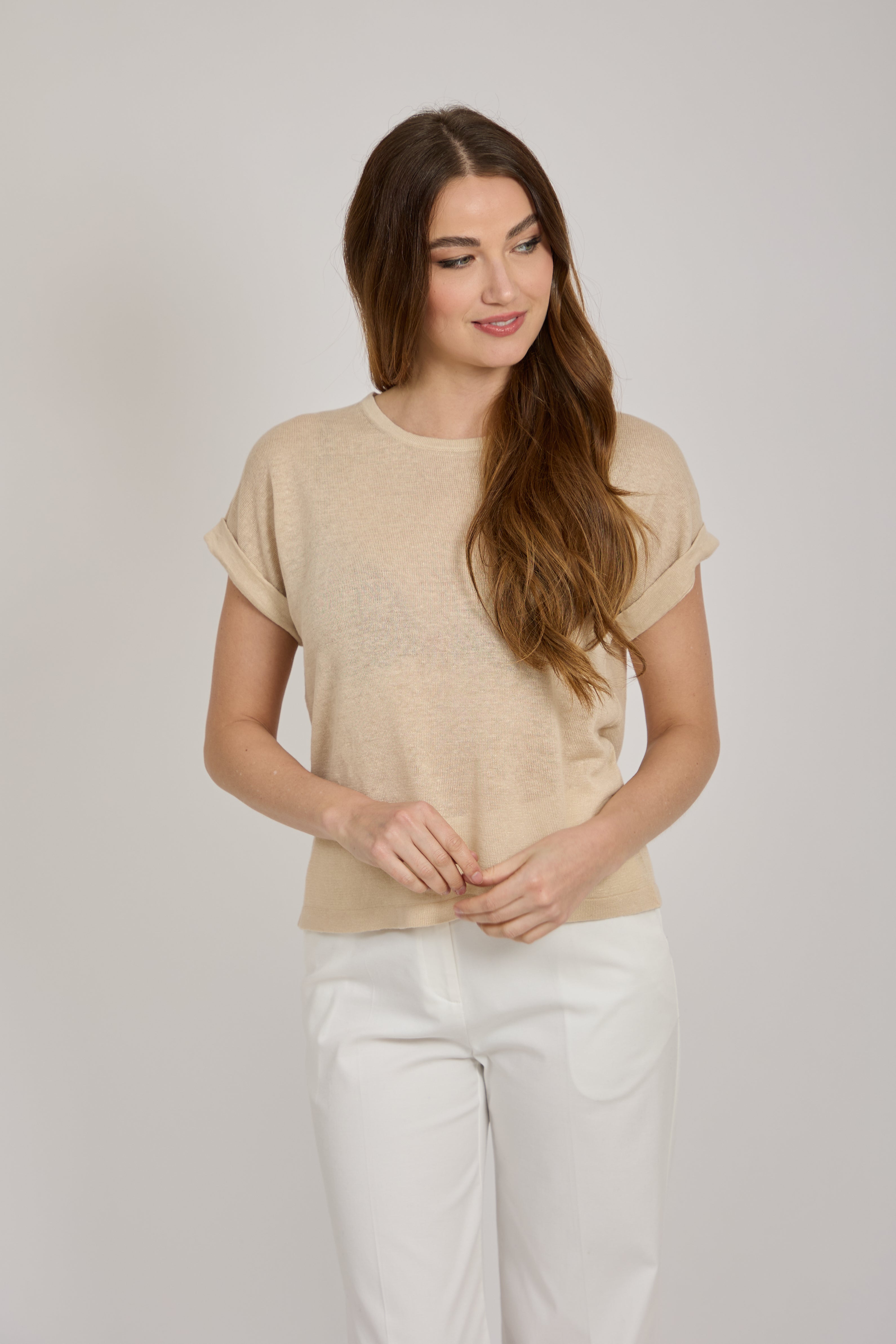 ROUND NECK LINEN TOP-WHEAT