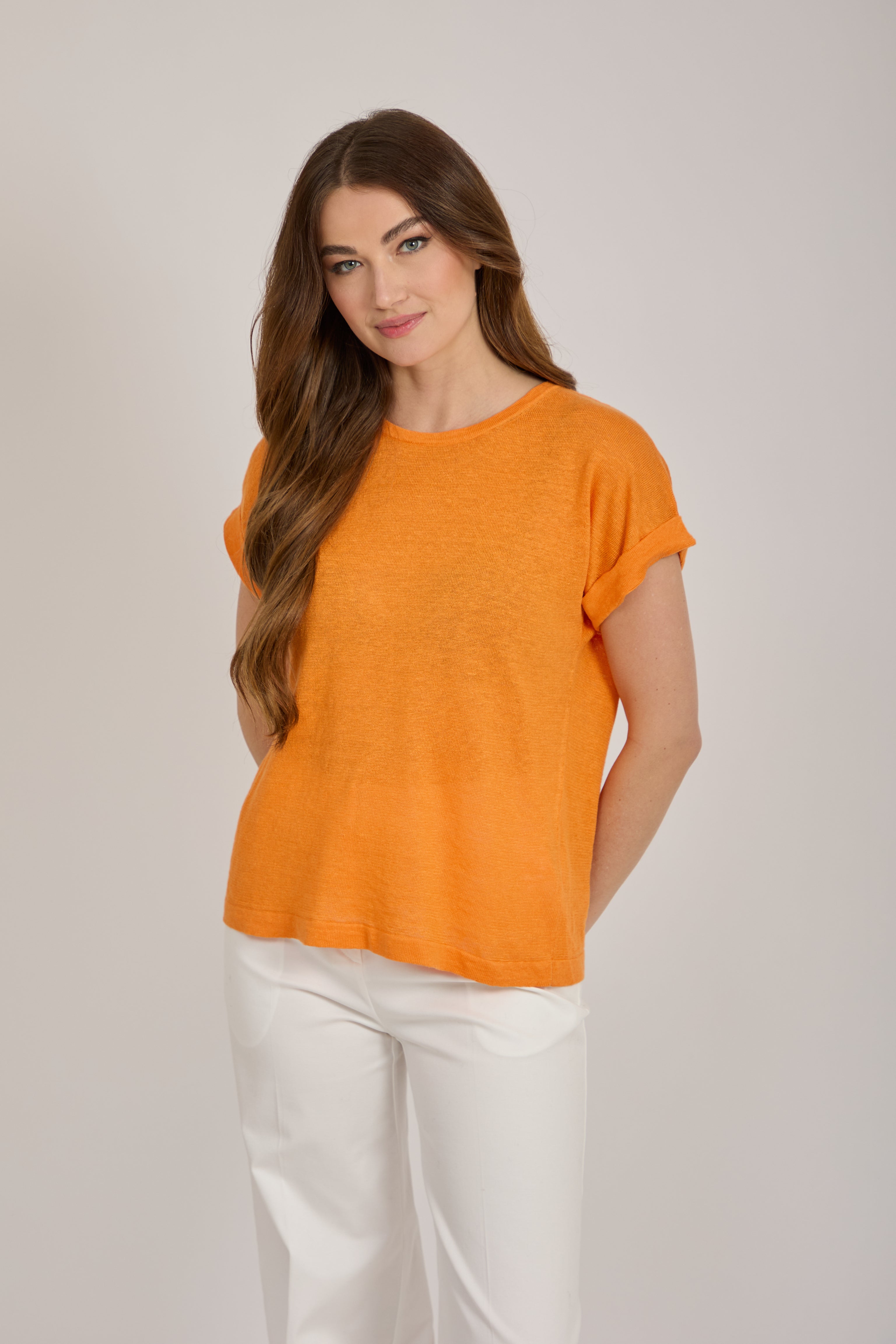 ROUND NECK LINEN TOP-ORANGE