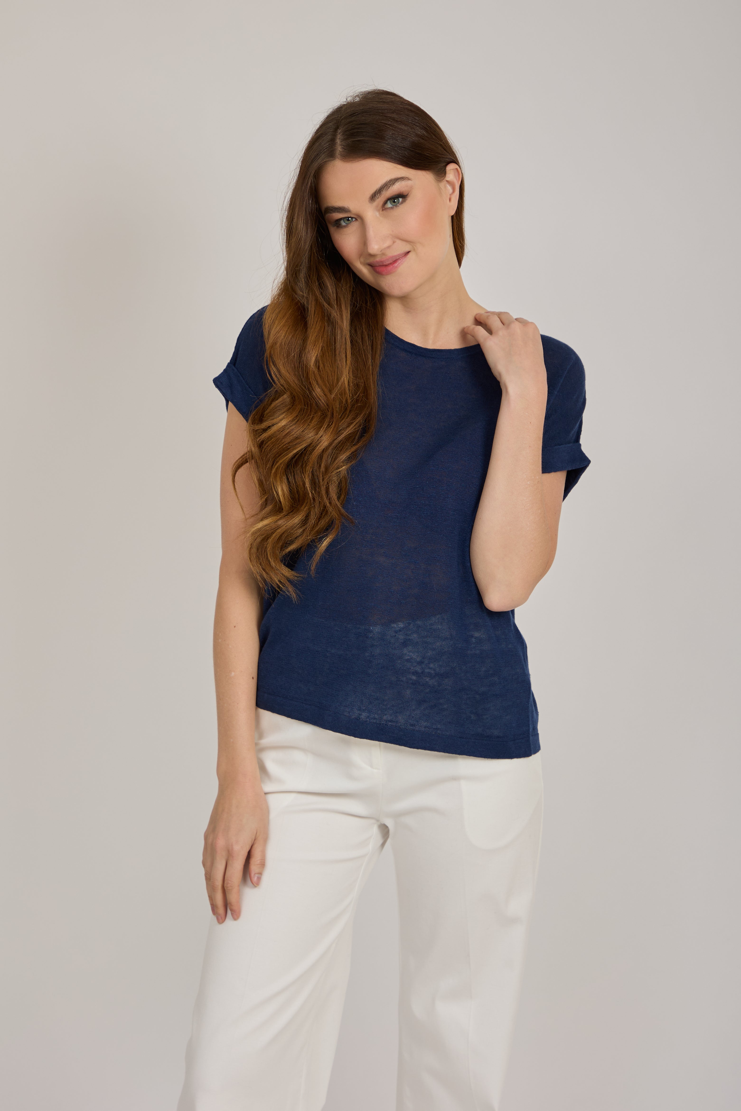 ROUND NECK LINEN TOP-NAVY