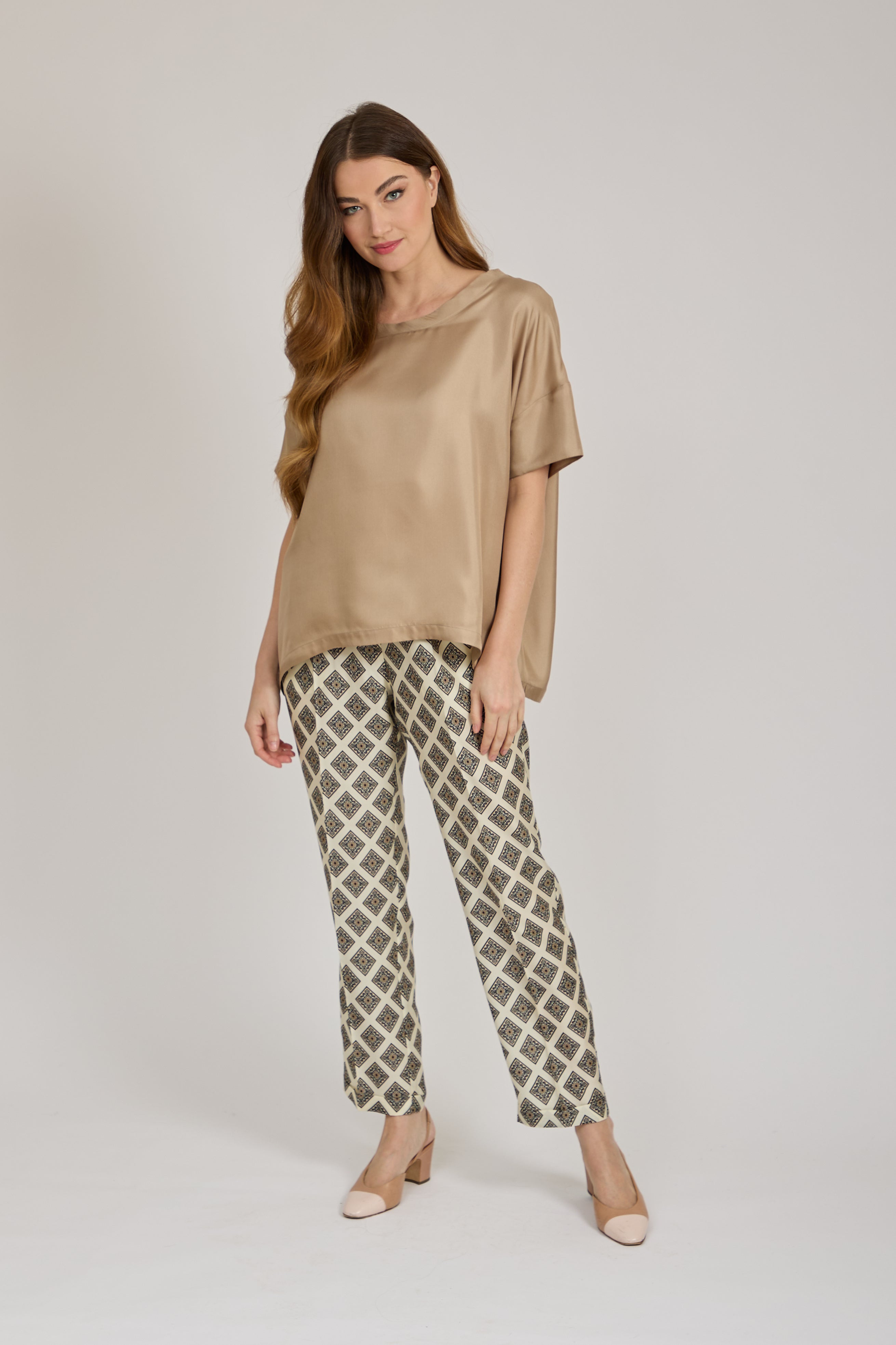 SILK PRINTED TROUSERS-ECRU