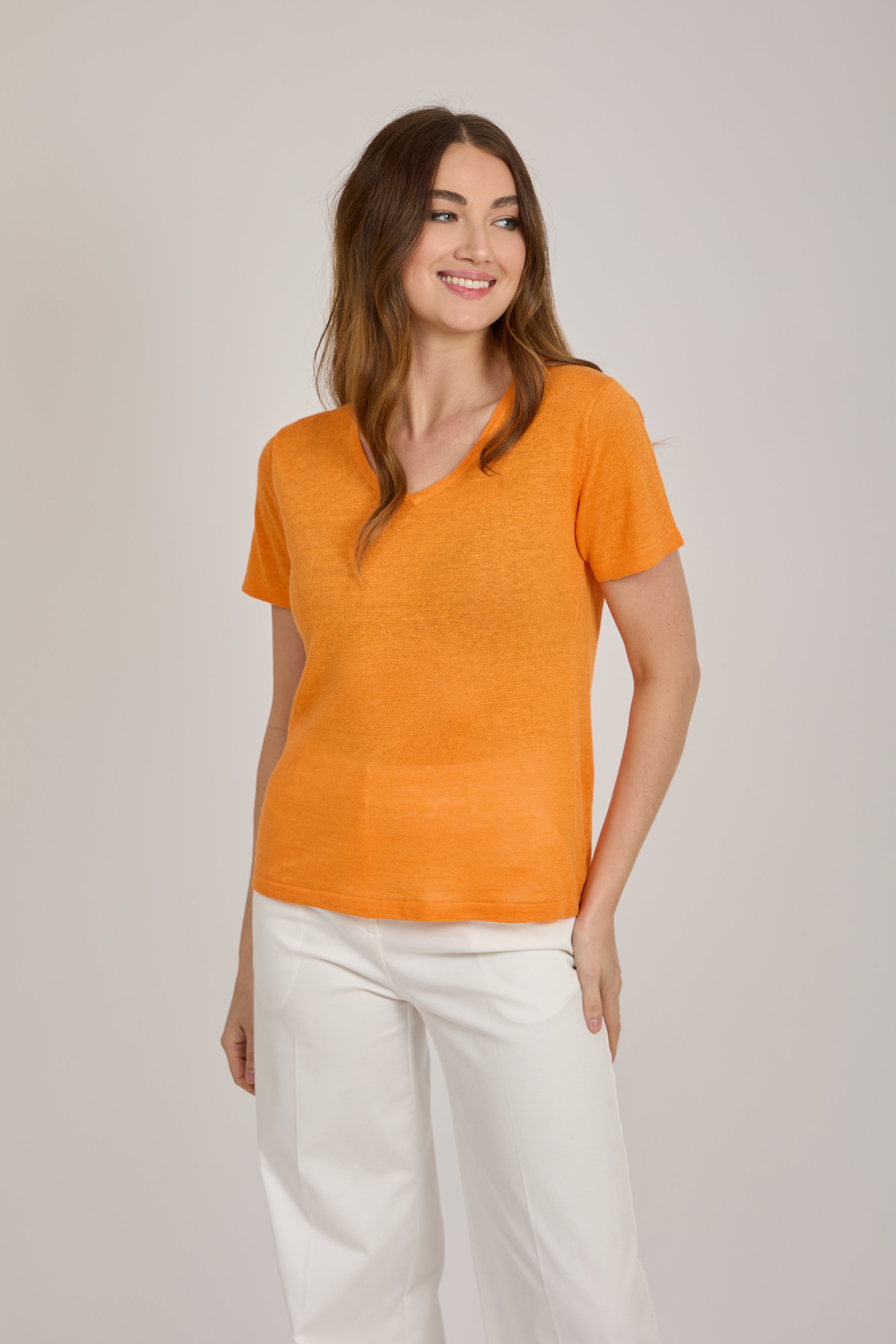 V NECK LINEN TOP-ORANGE