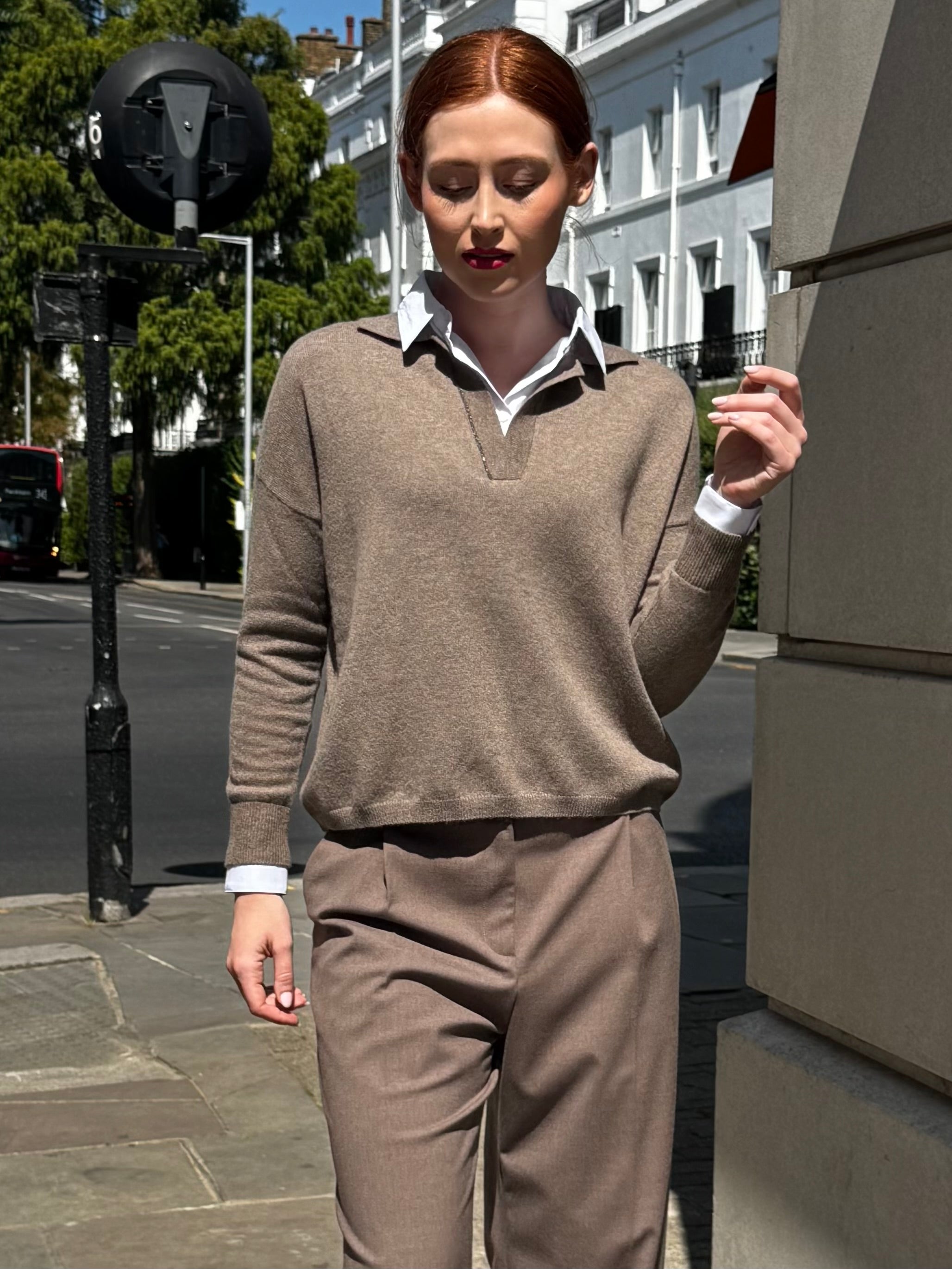 JUMPER WITH SHIRT COLLAR- NOCCIOLA