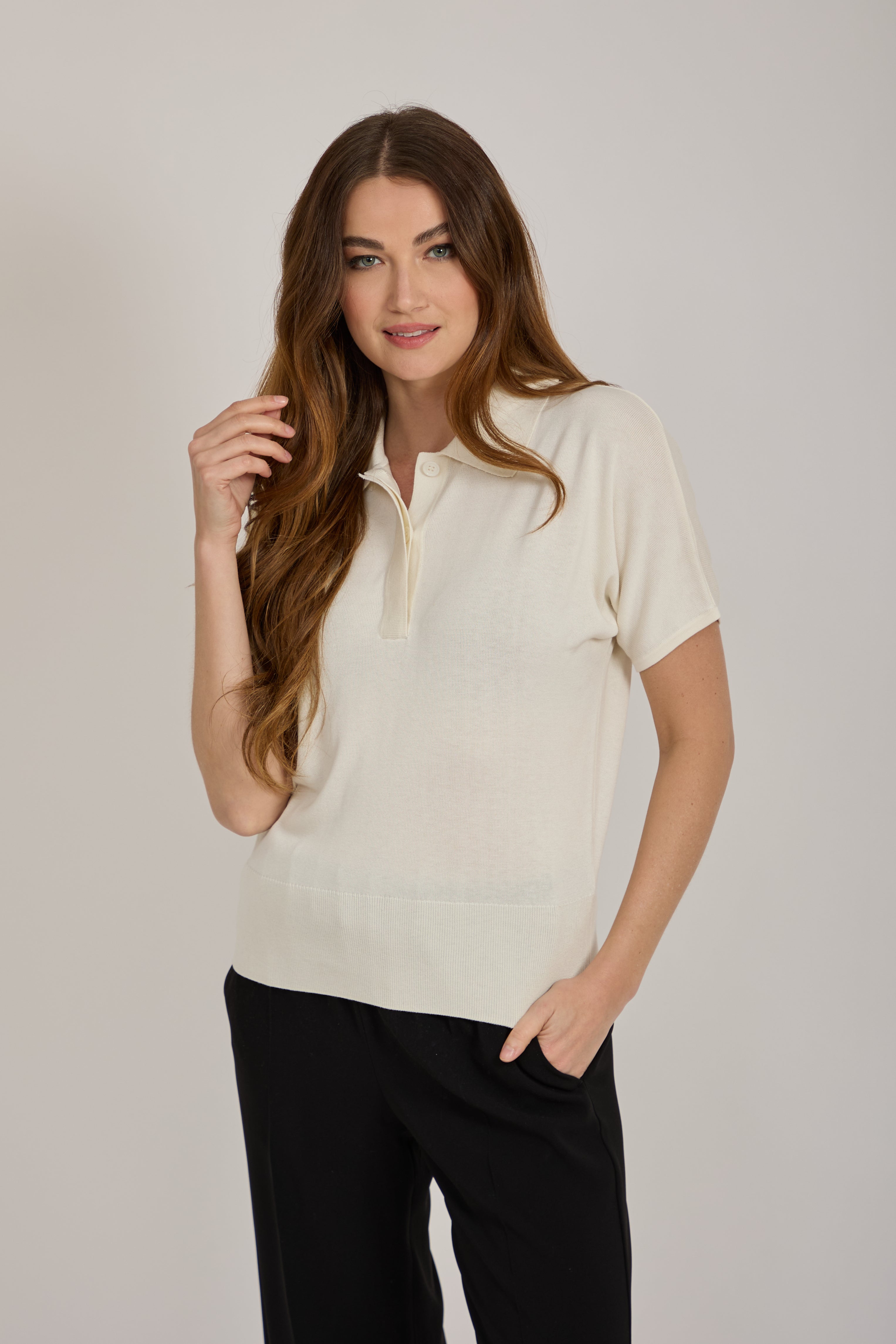 SILK POLO SWEATER WITH SHORT SLEEVES-OFF WHITE