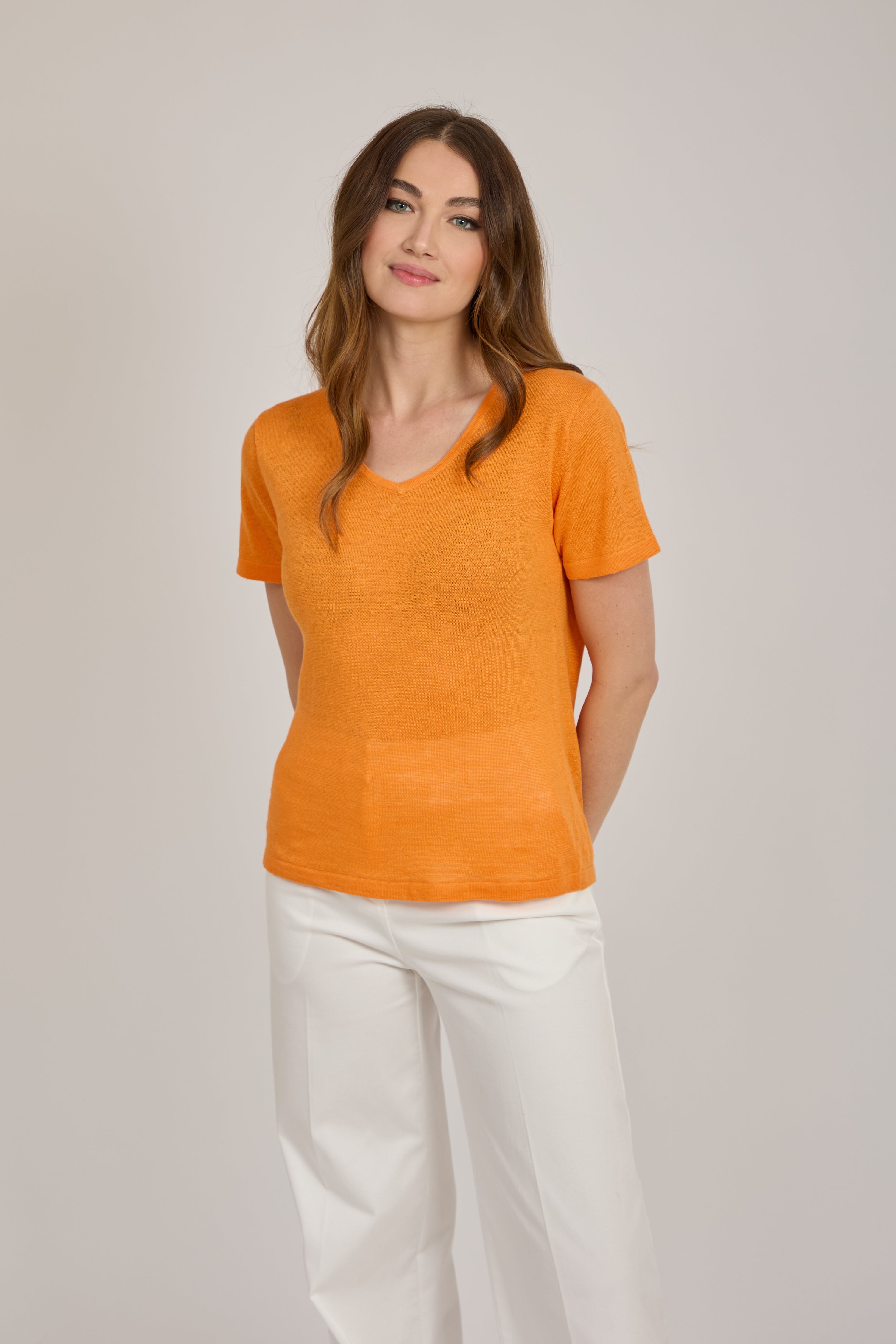V NECK LINEN TOP-ORANGE