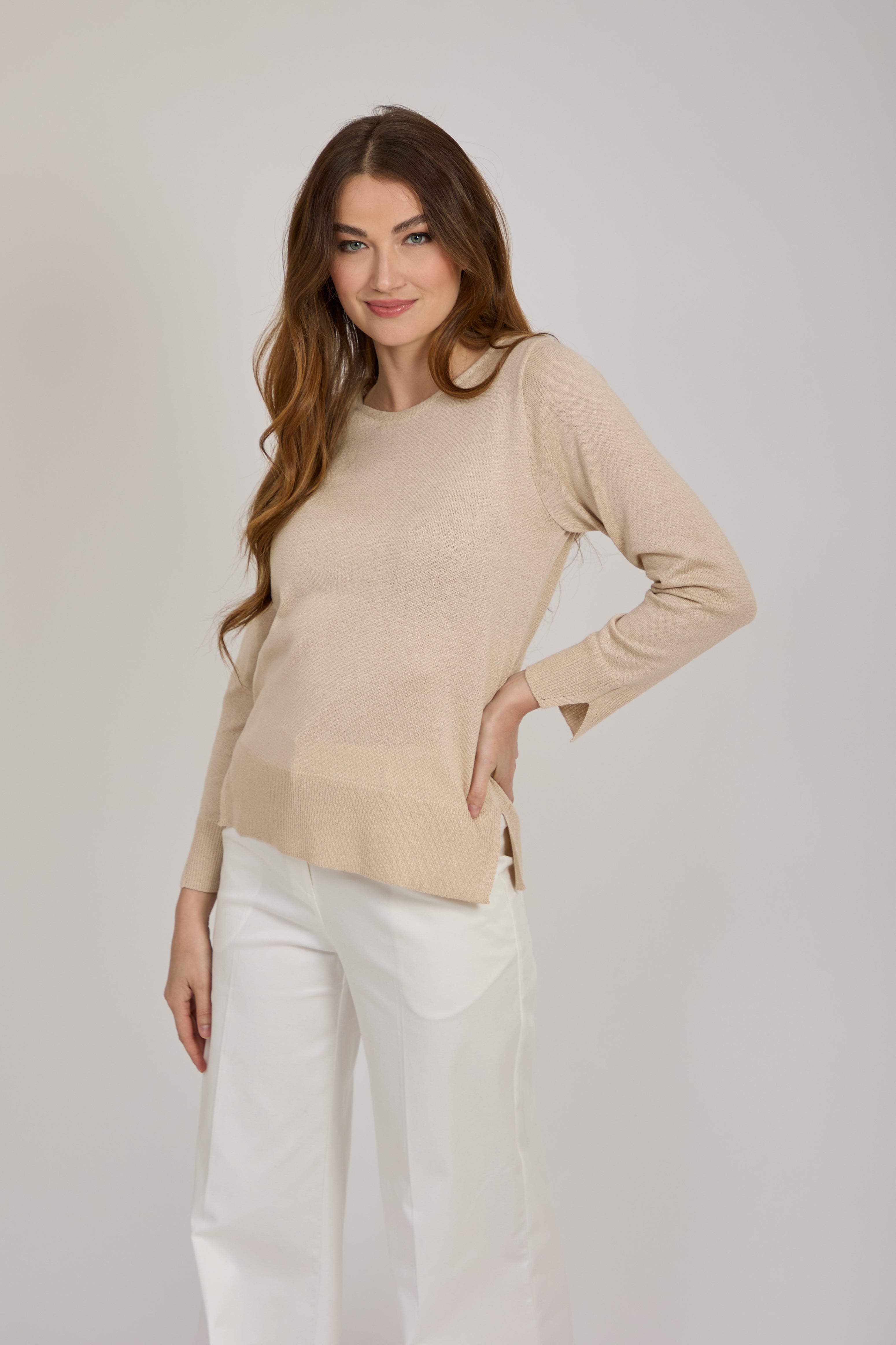 CREW NECK COTTON TOP-BEIGE