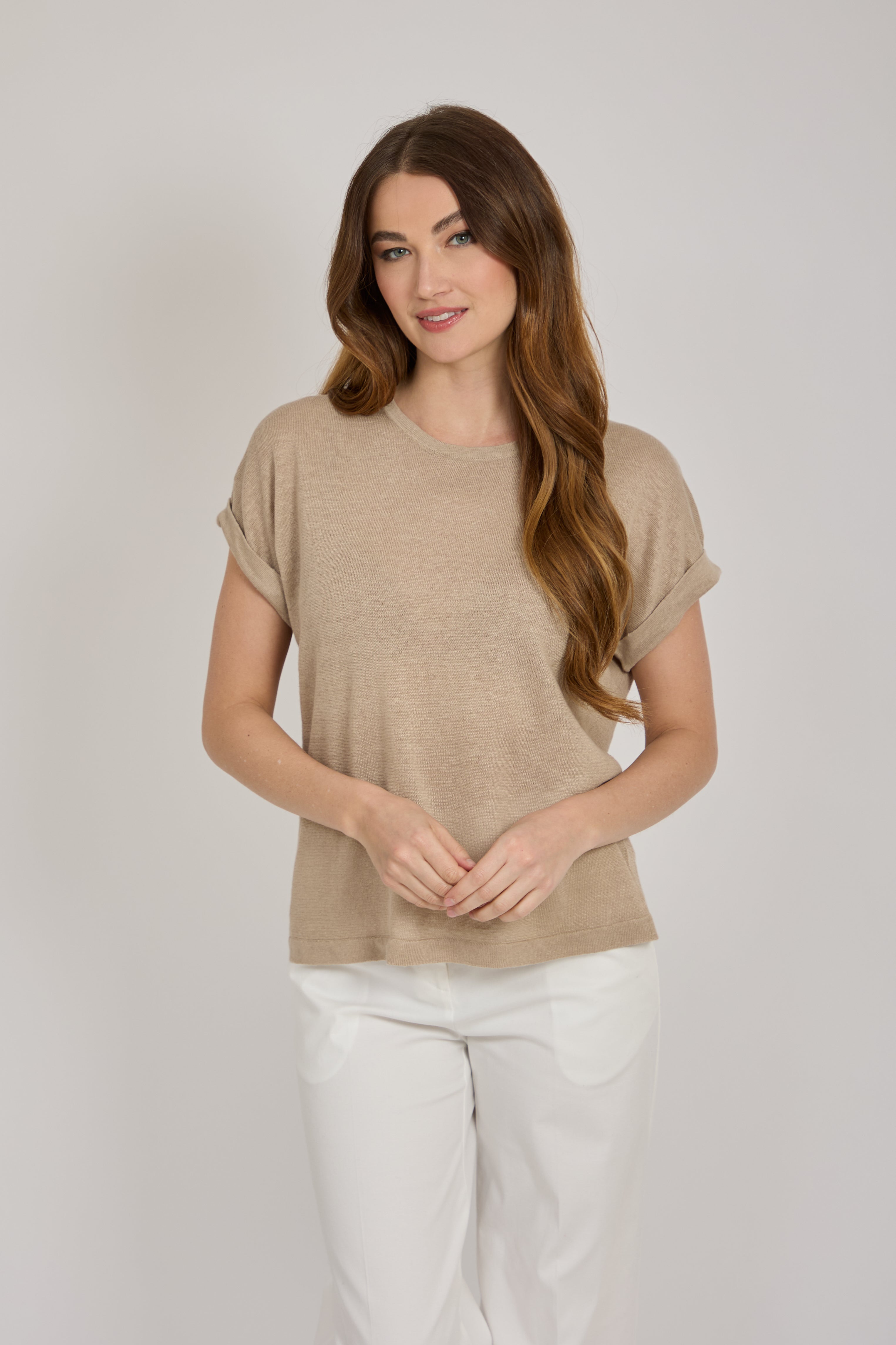 ROUND NECK LINEN TOP-TAUPE
