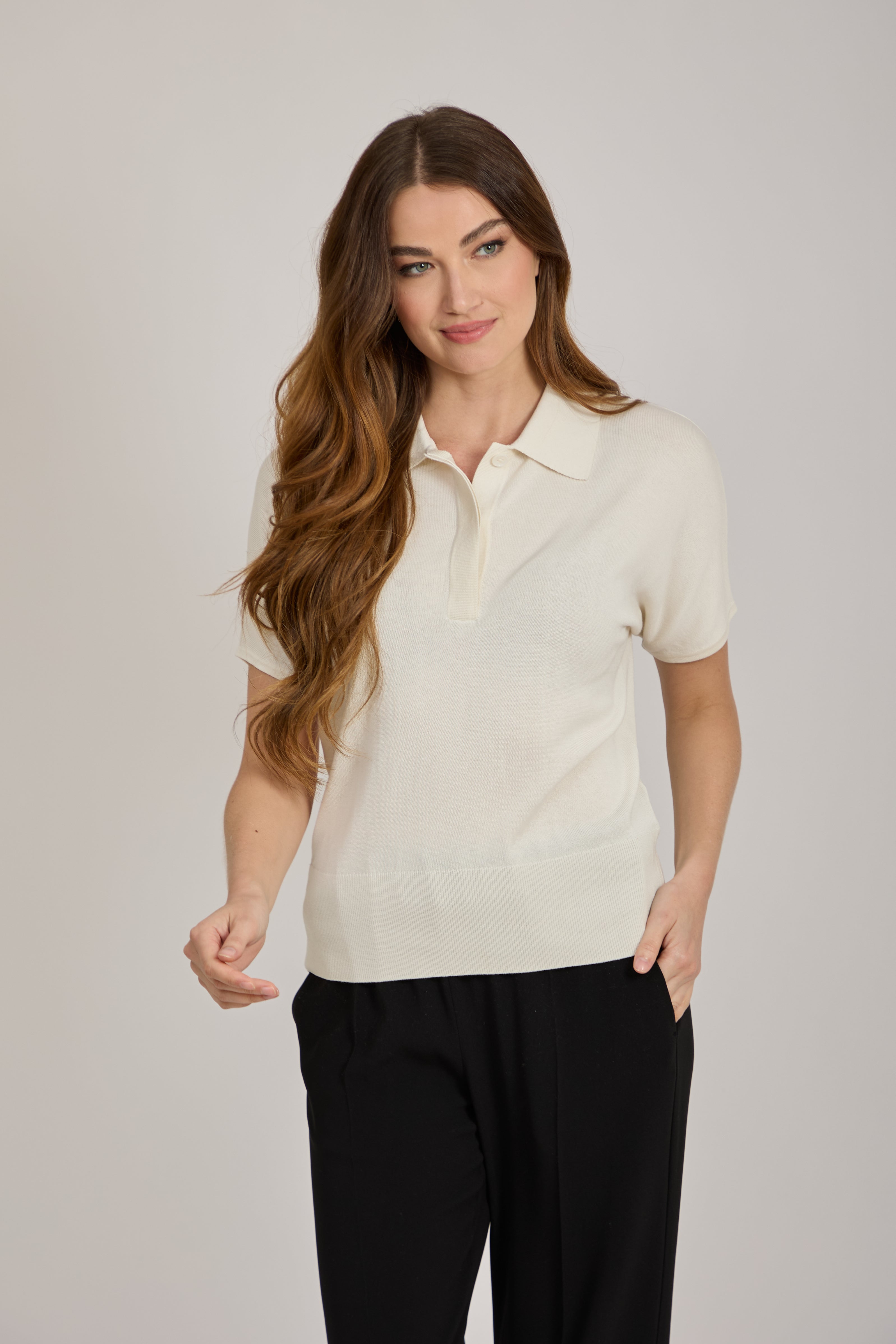 SILK POLO SWEATER WITH SHORT SLEEVES-OFF WHITE