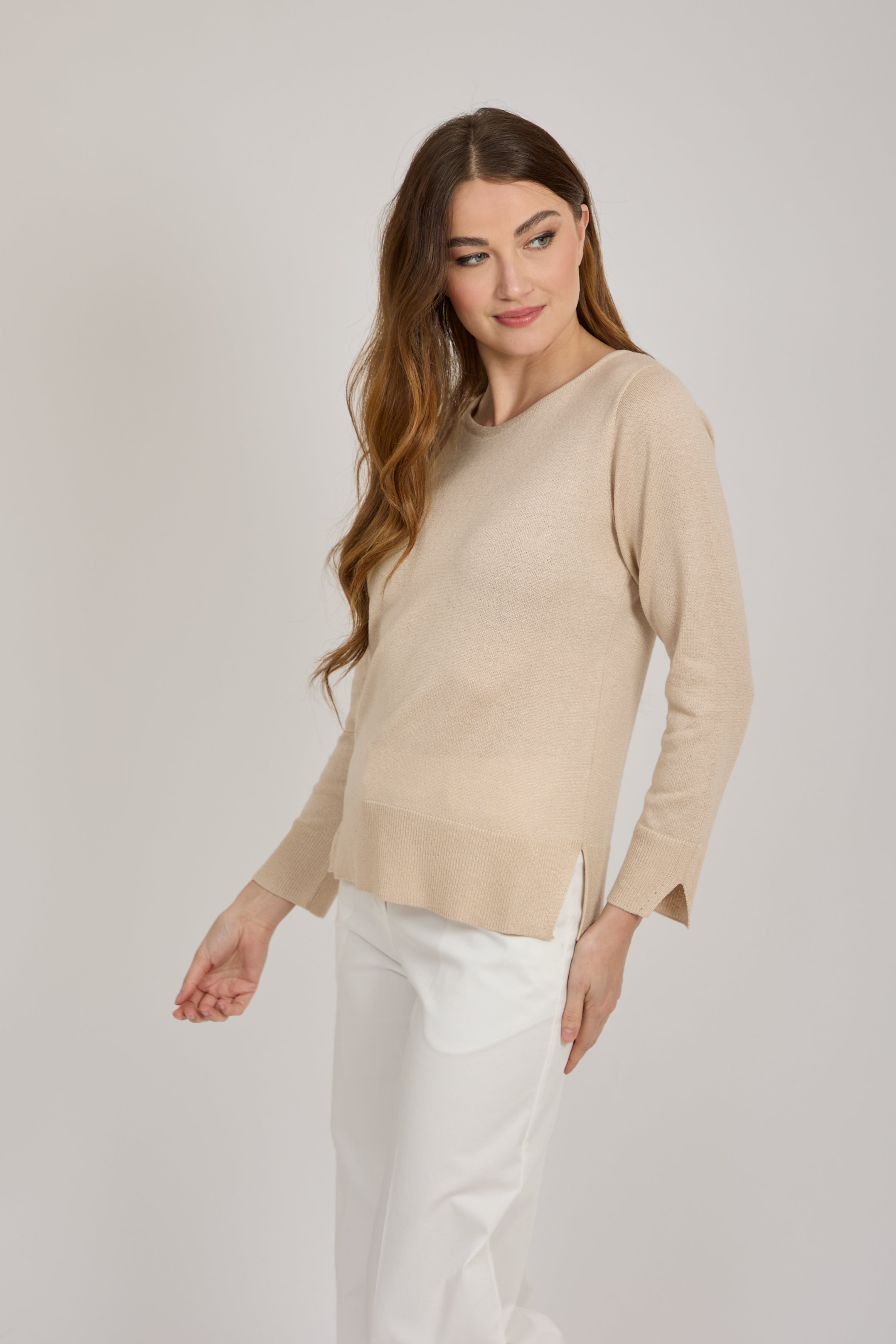 CREW NECK COTTON TOP-BEIGE