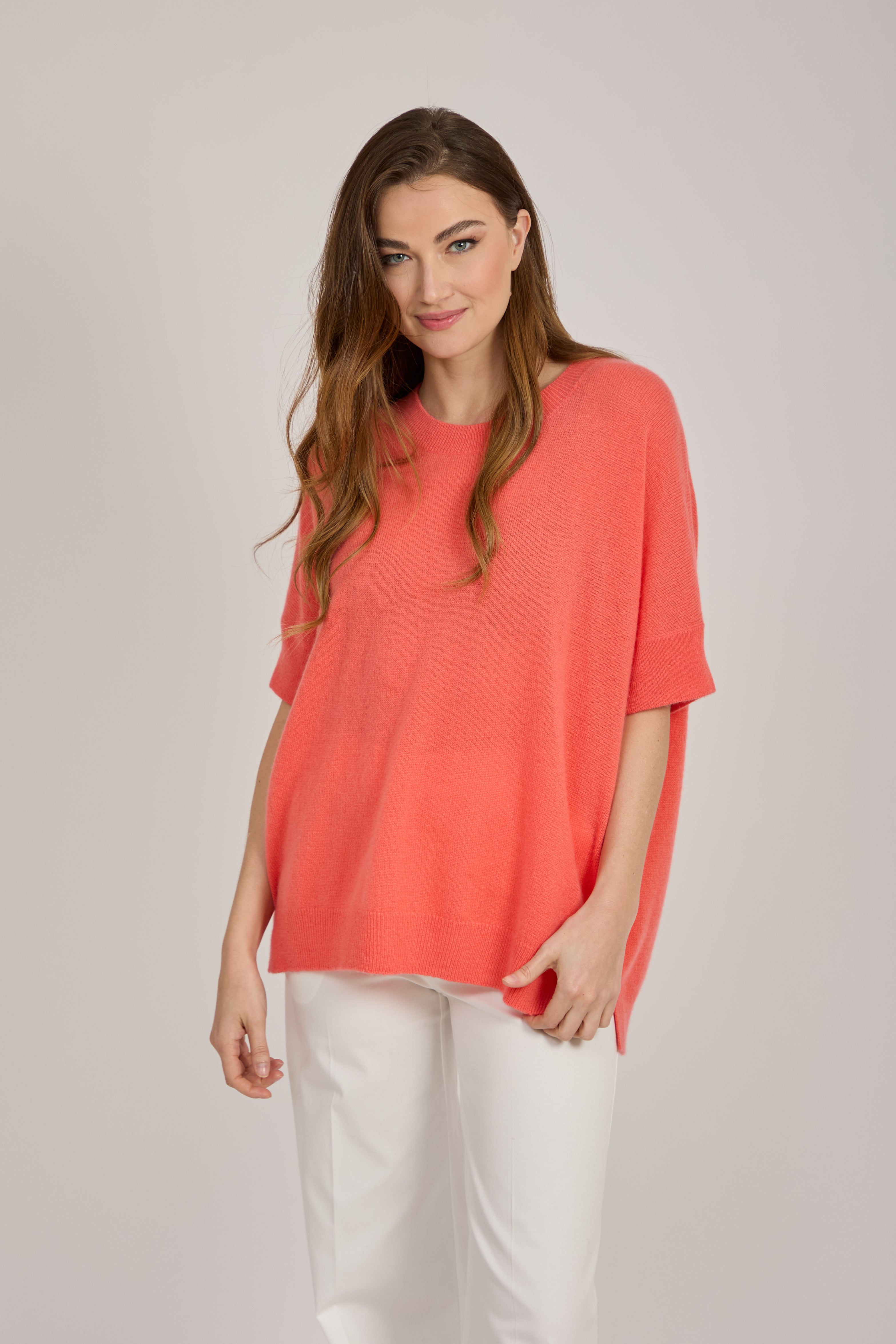 CREW NECK CASHMERE JUMPER-CORAL