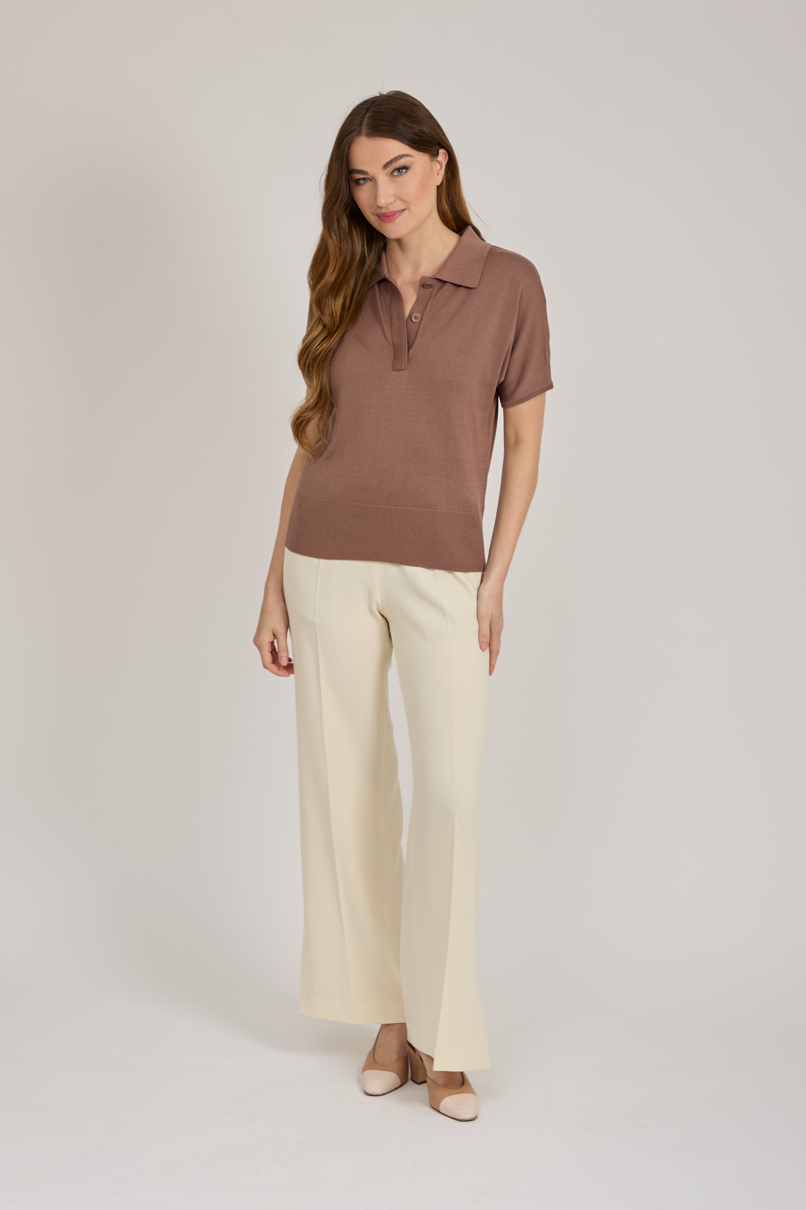 SILK POLO SWEATER WITH SHORT SLEEVES-MOKA