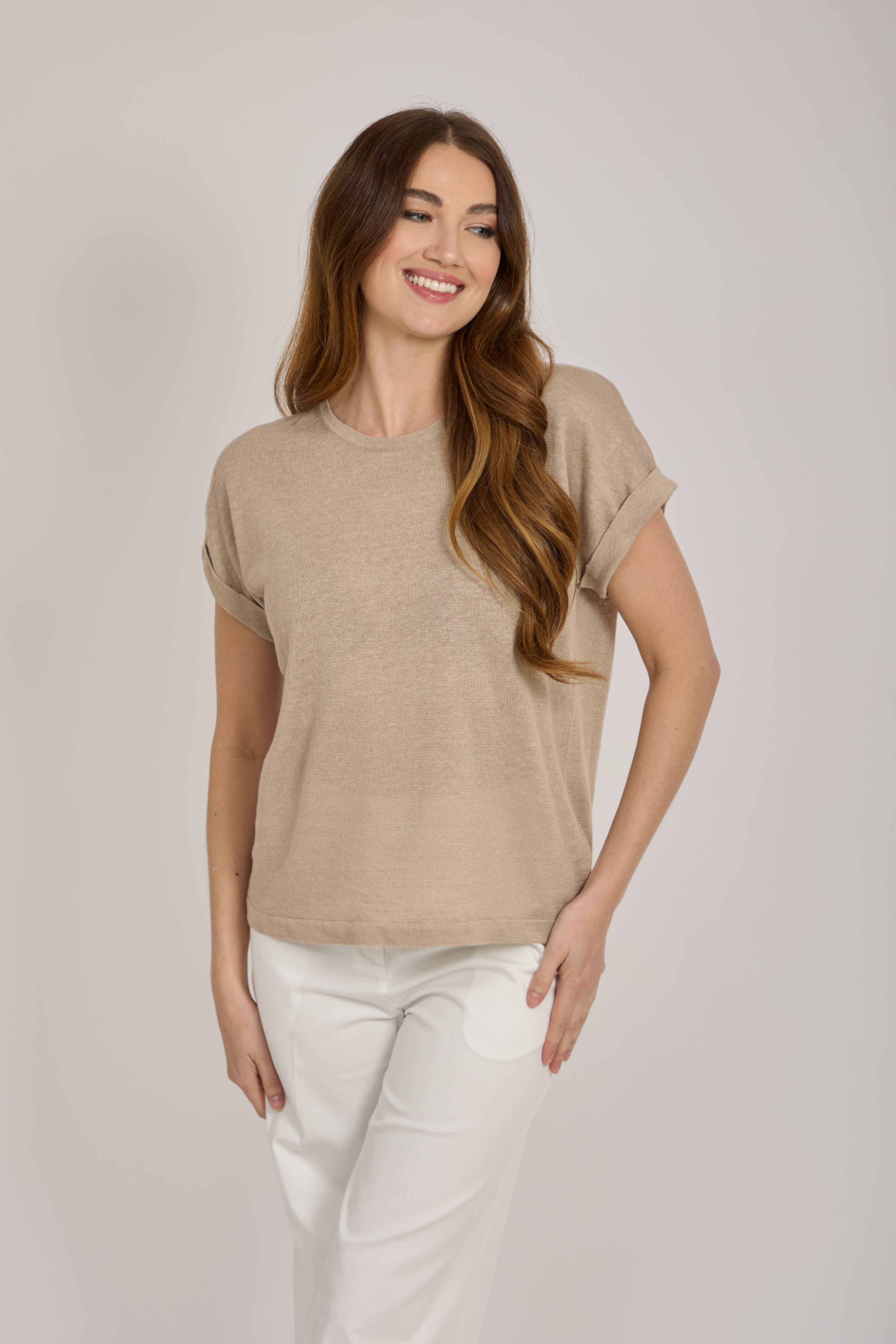 ROUND NECK LINEN TOP-TAUPE