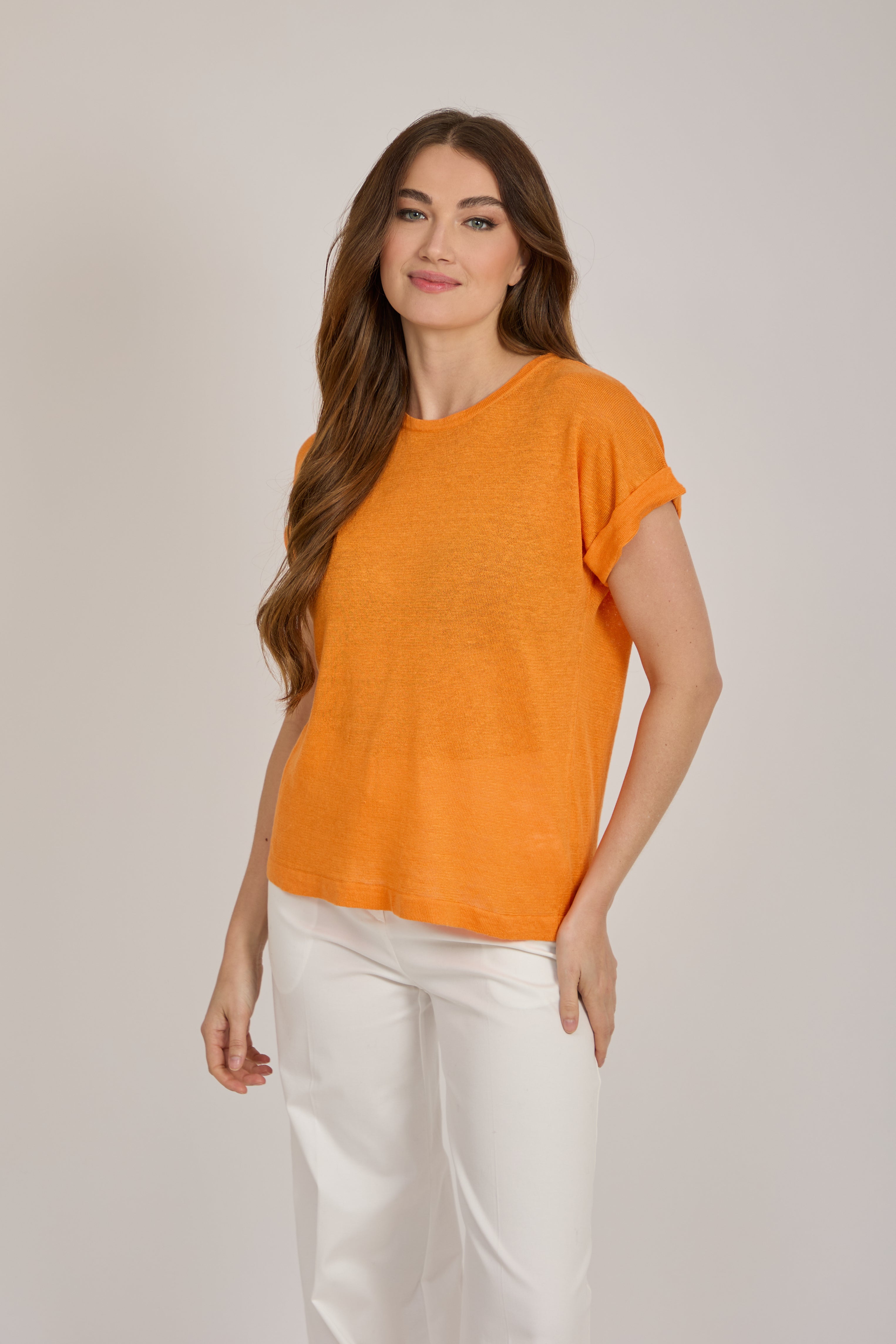 ROUND NECK LINEN TOP-ORANGE