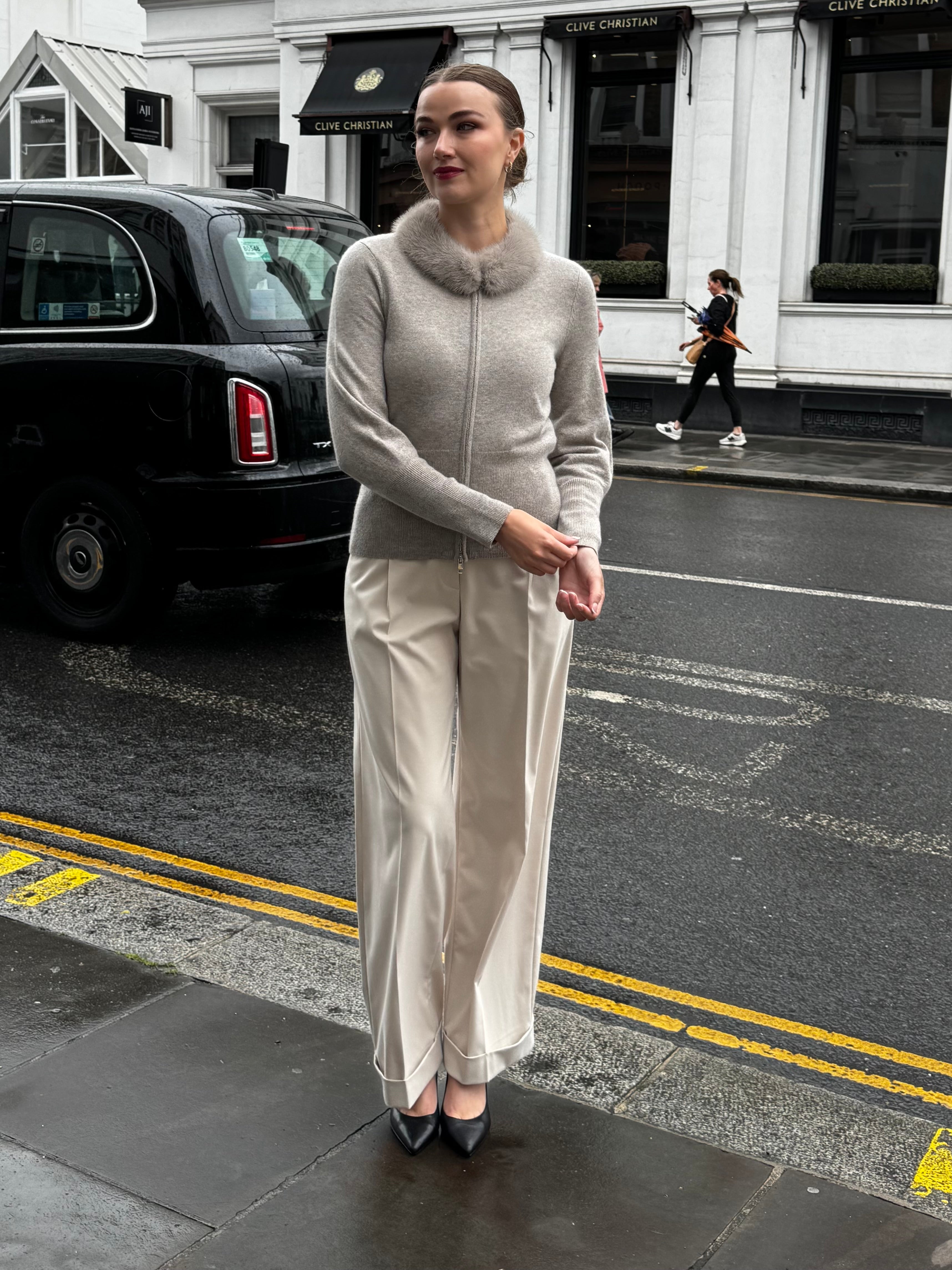 CASHMERE CARDIGAN WITH MINK COLLAR-TAUPE