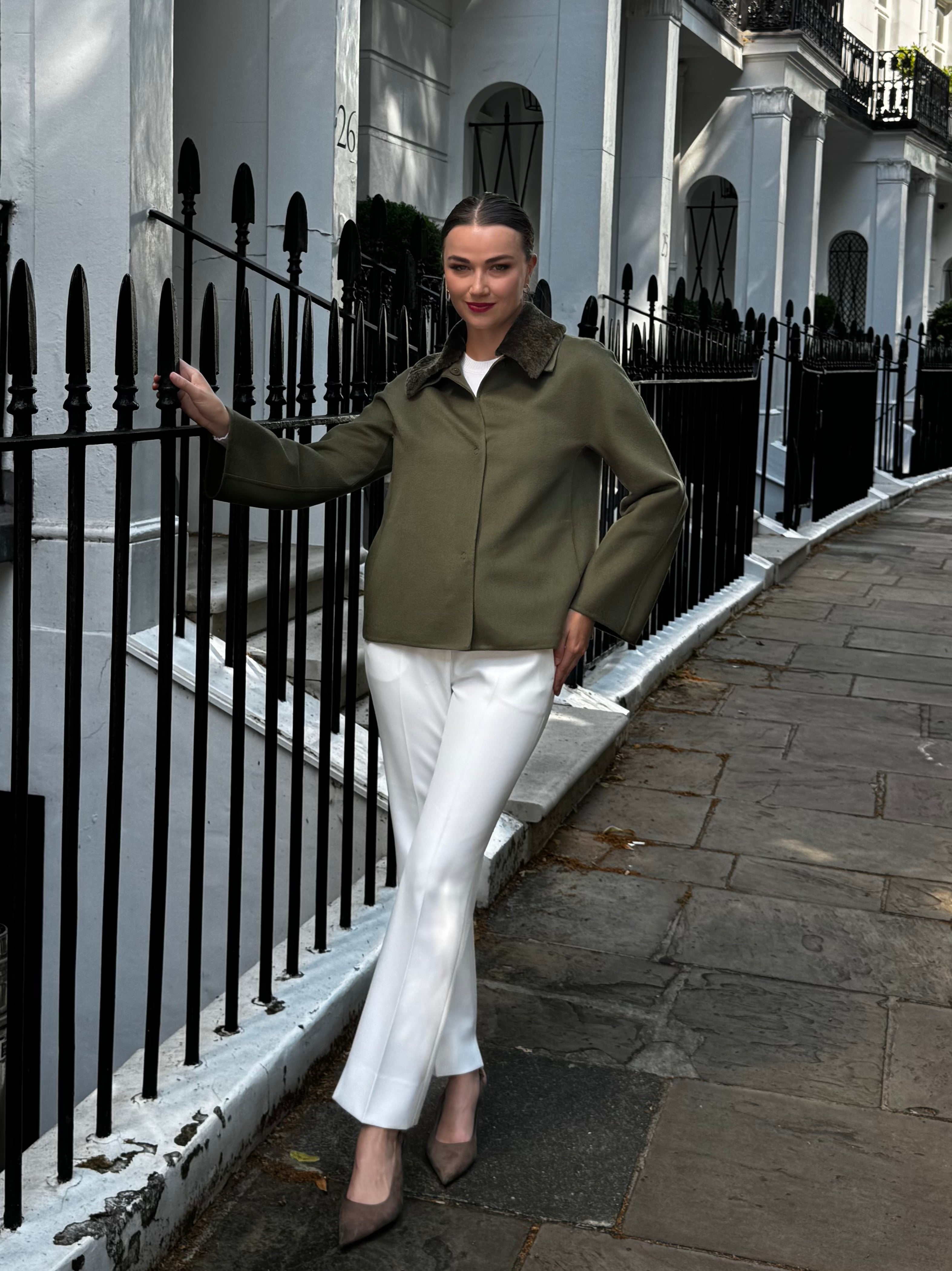 SHORT JACKET WITH SHEARLING COLLAR-KAKI