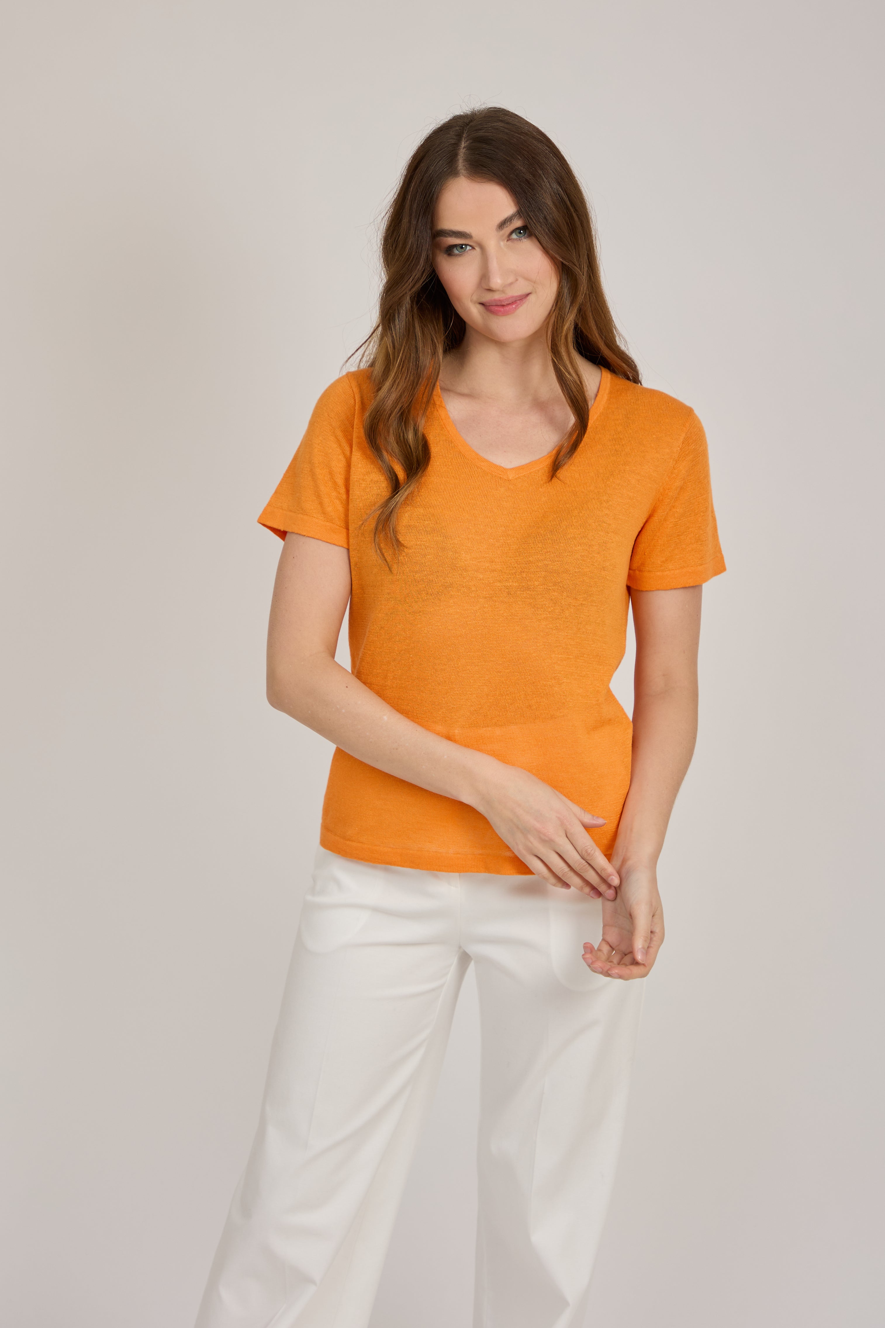 V NECK LINEN TOP-ORANGE