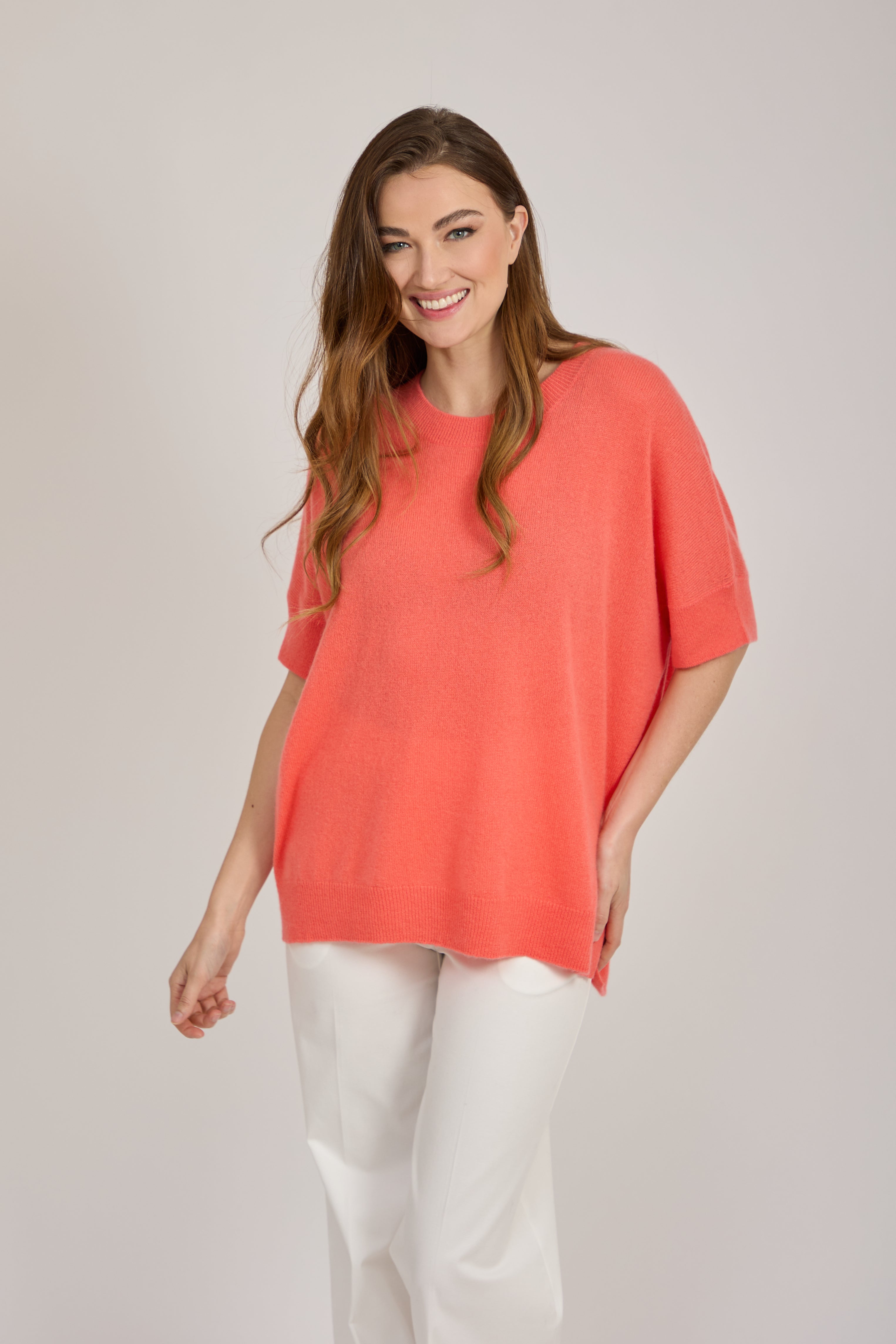 CREW NECK CASHMERE JUMPER-CORAL