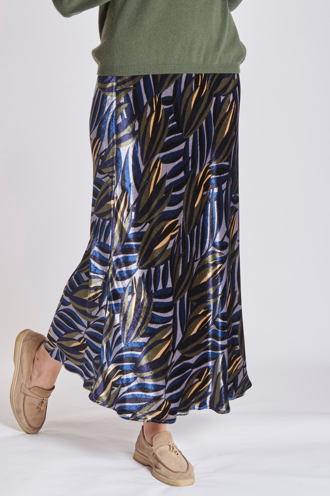 Jupe midi en velours bleu