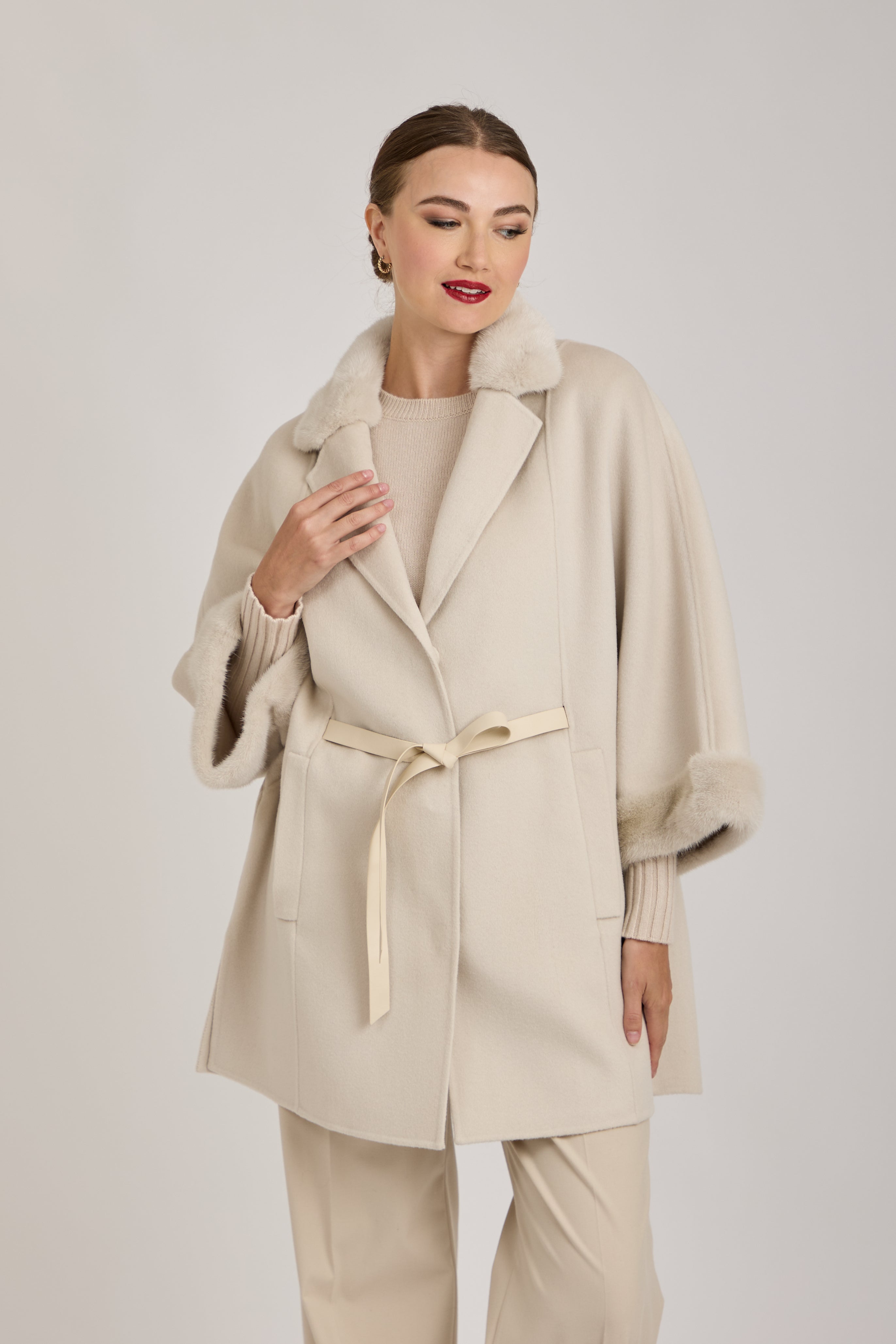 CAPE WITH MINK DETAILS-MILK