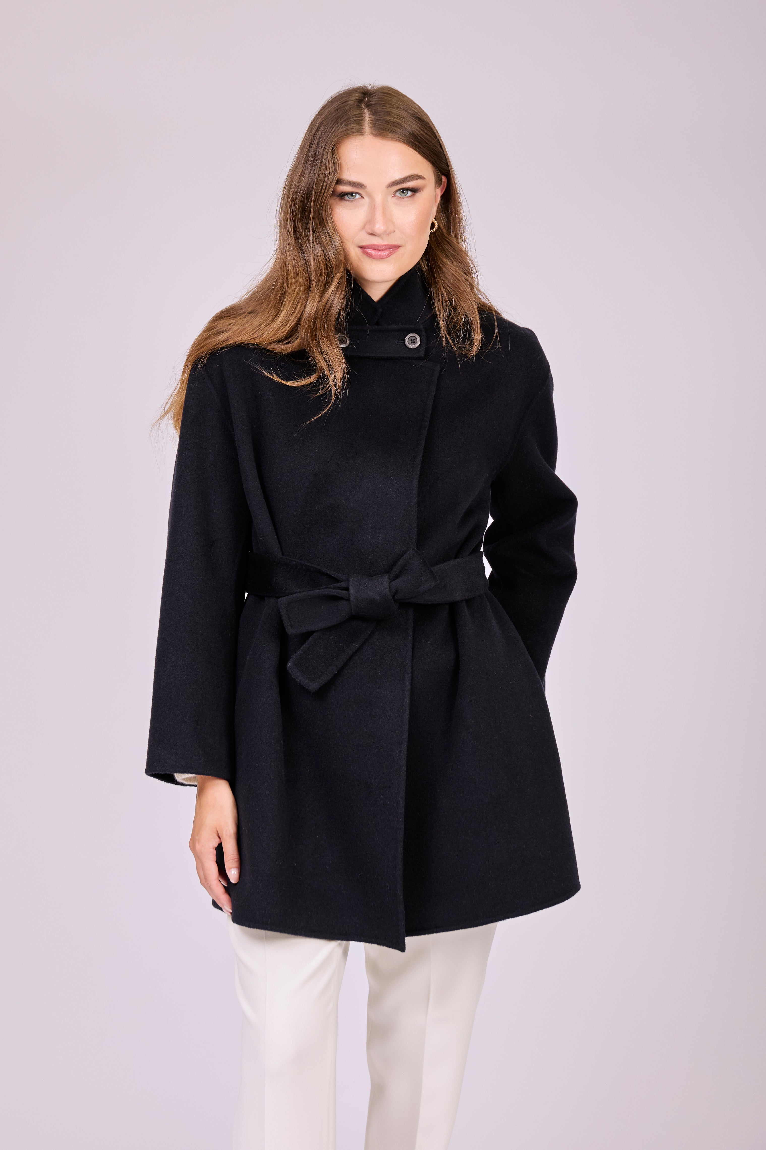 Manteau ceinturé en cachemire, bleu marine