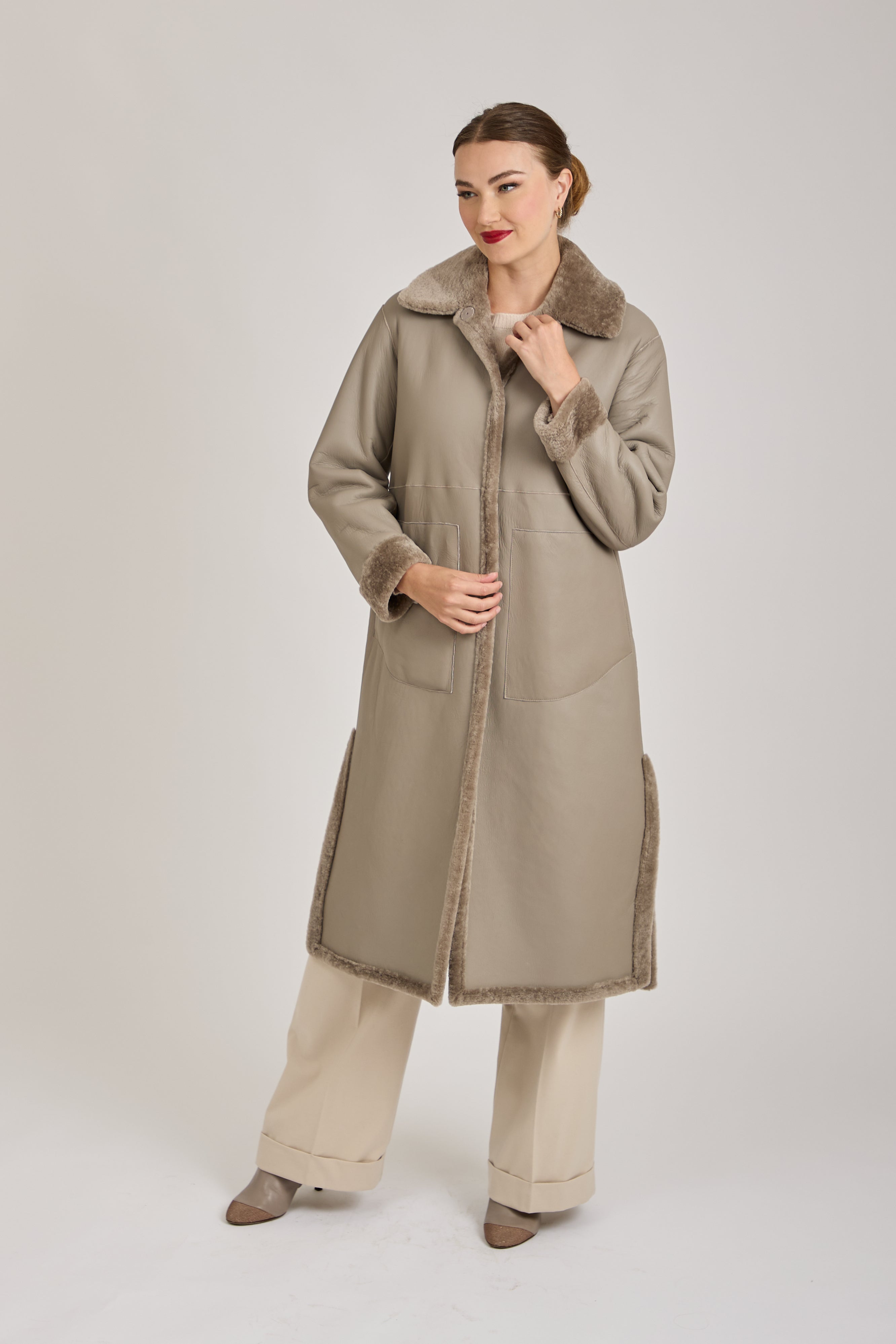 LONG SHEARLING COAT-GREIGE