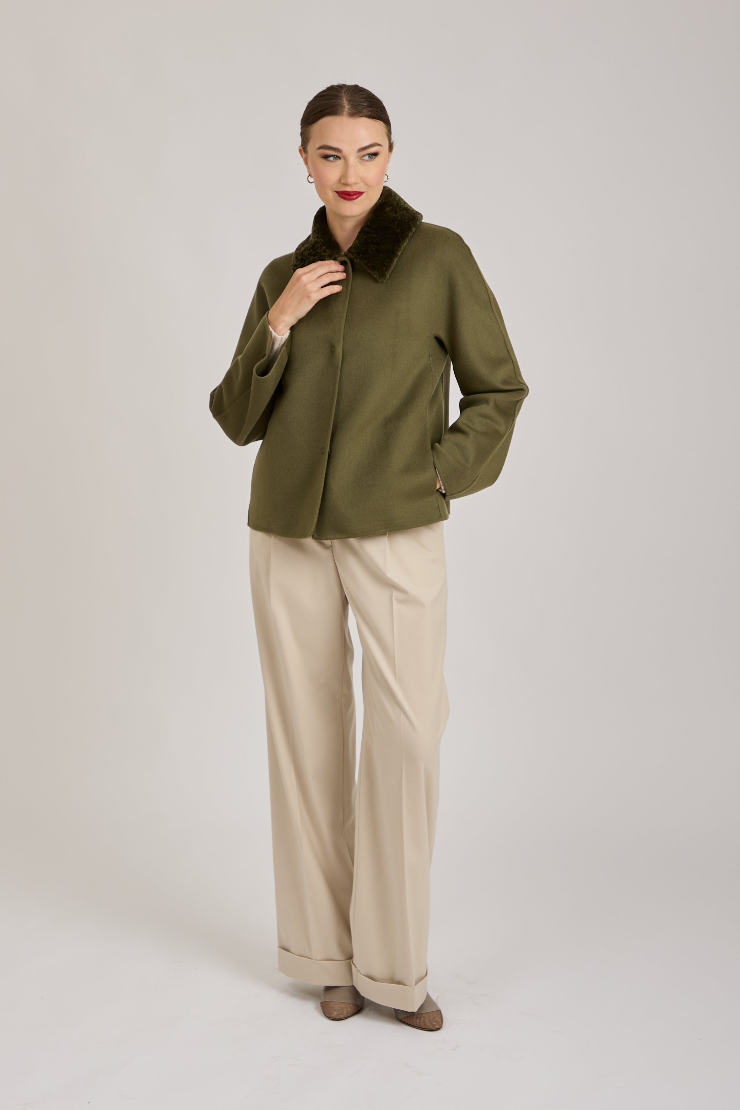 SHORT JACKET WITH SHEARLING COLLAR-KAKI