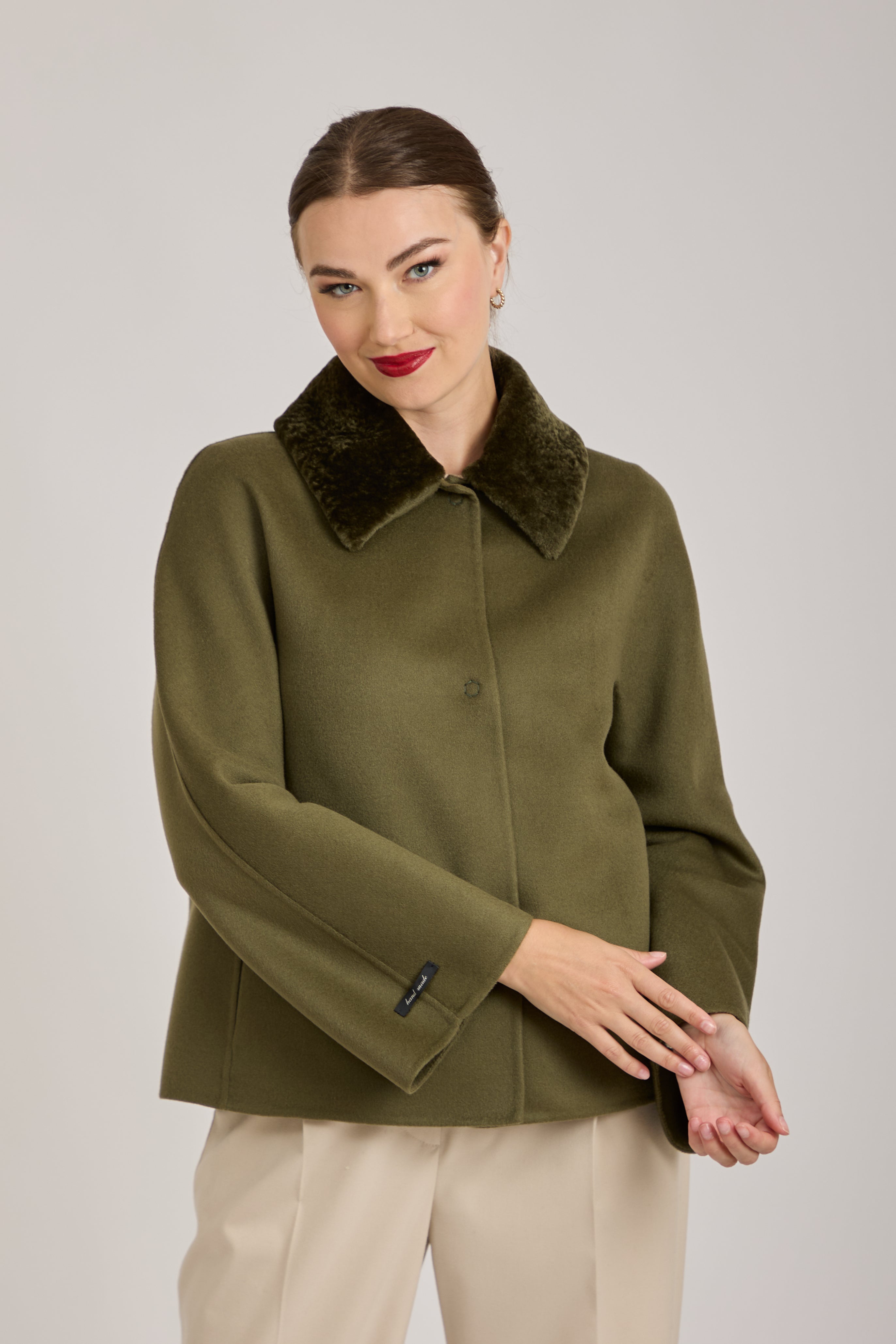 SHORT JACKET WITH SHEARLING COLLAR-KAKI