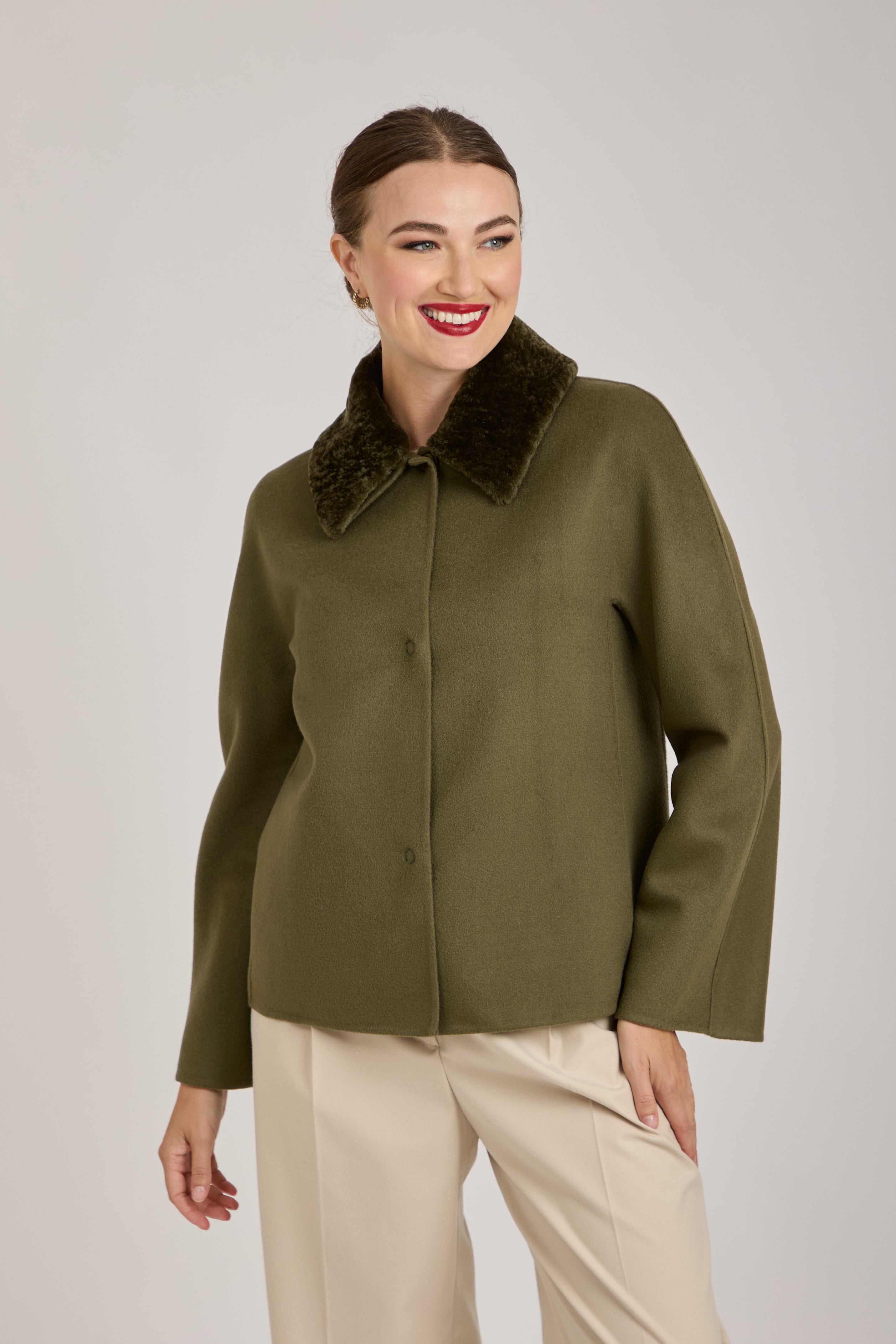 SHORT JACKET WITH SHEARLING COLLAR-KAKI