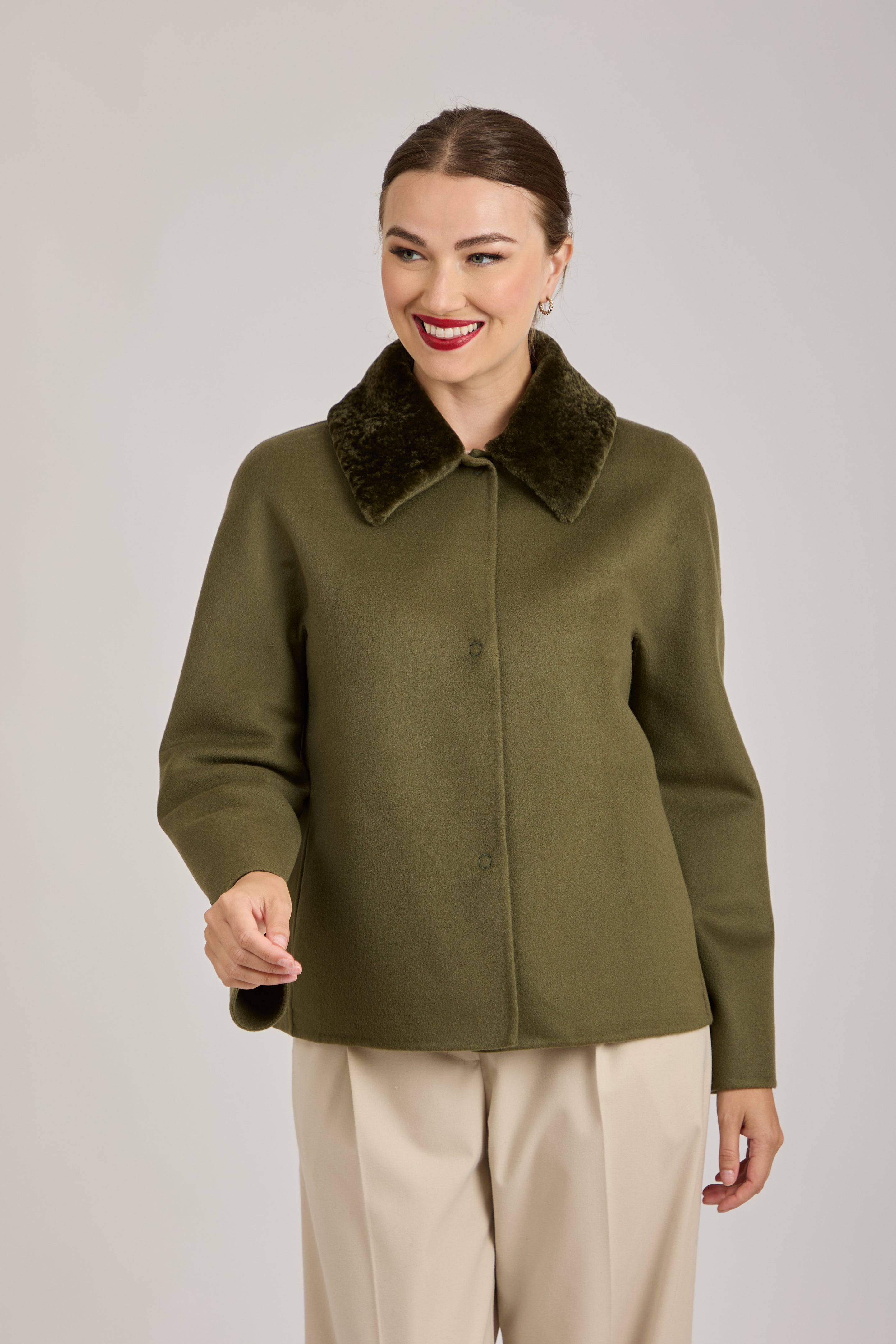 SHORT JACKET WITH SHEARLING COLLAR-KAKI