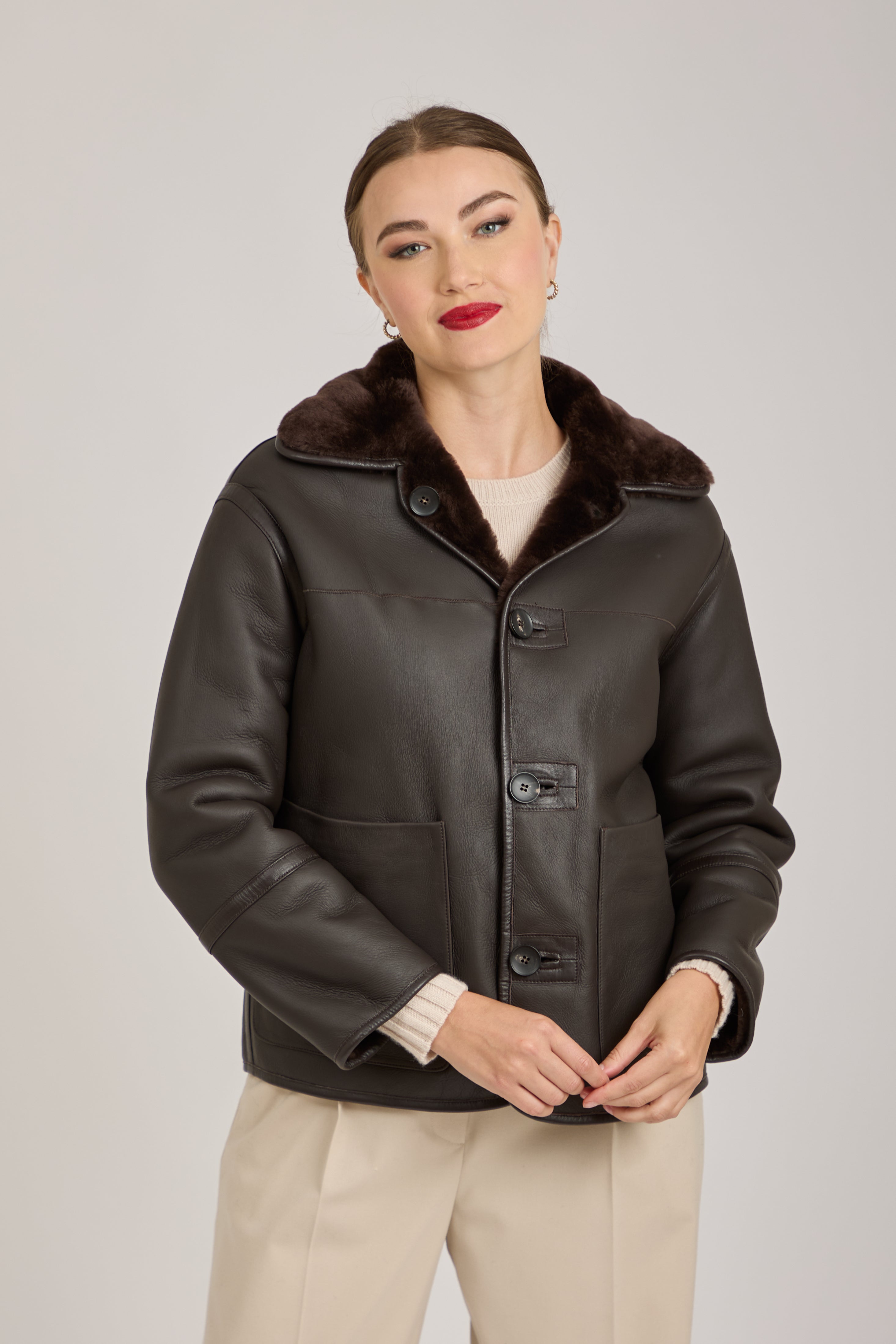 REVERSIBLE SHORT SHEARLING JACKET- FONDENTE