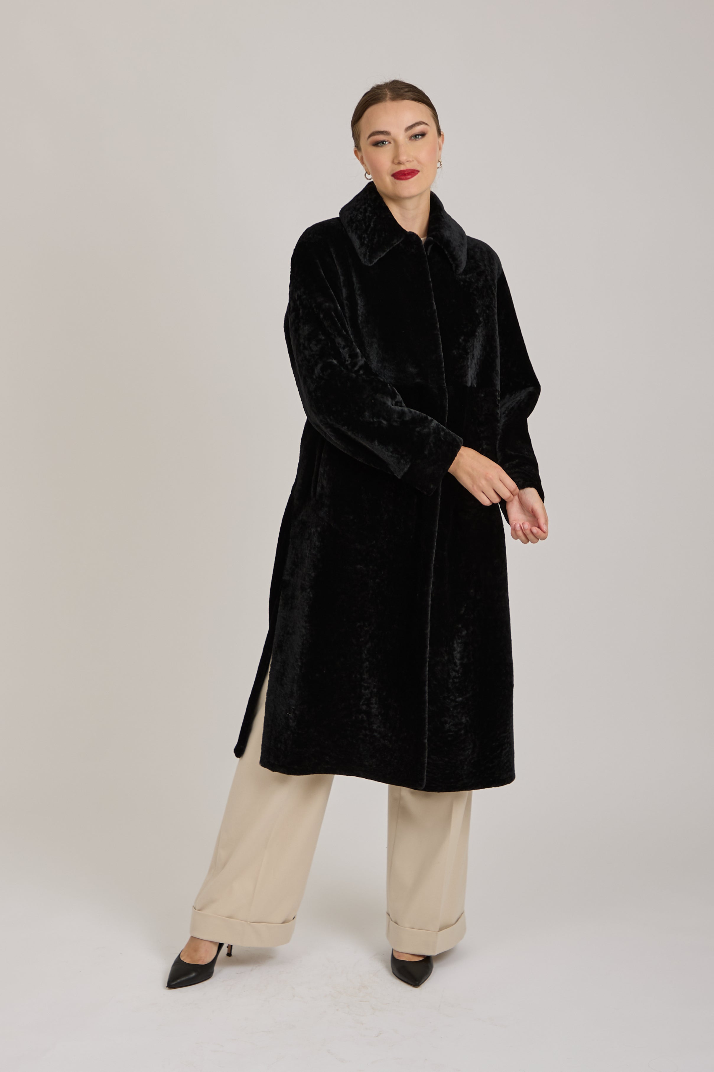 REVERSIBLE LONG SHEARLING COAT-BLACK