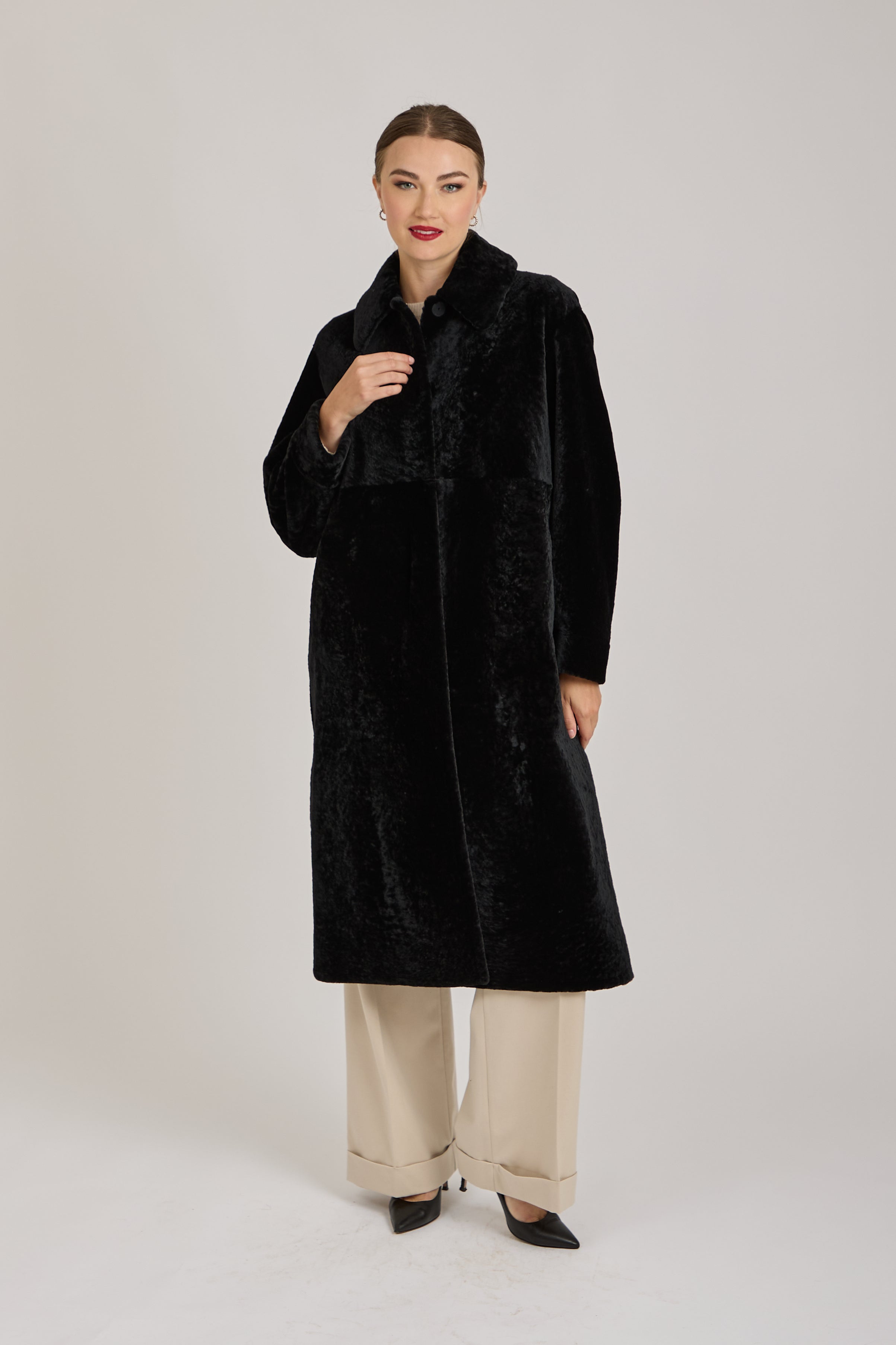 REVERSIBLE LONG SHEARLING COAT-BLACK