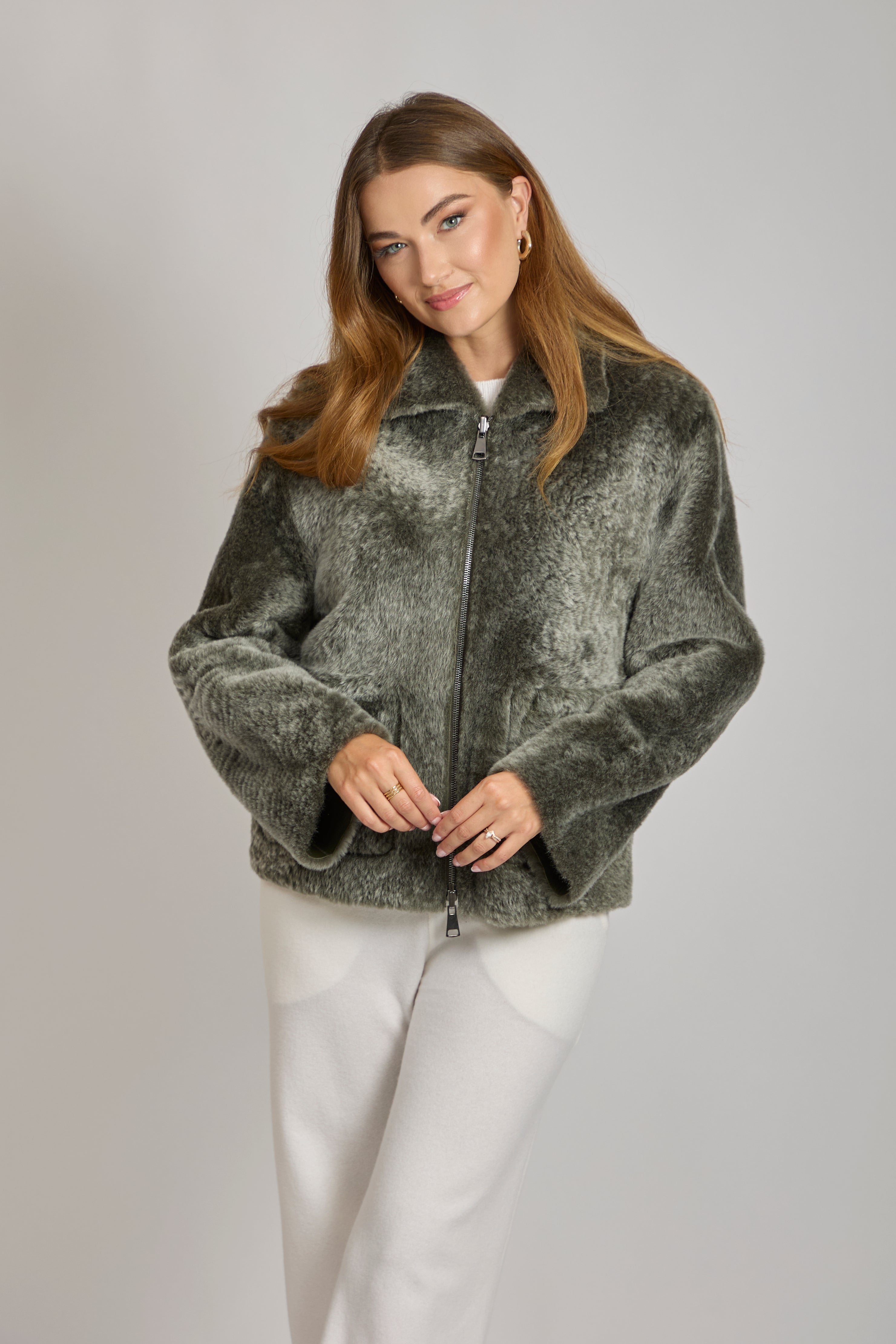 Manteau réversible en peau lainée - Olive