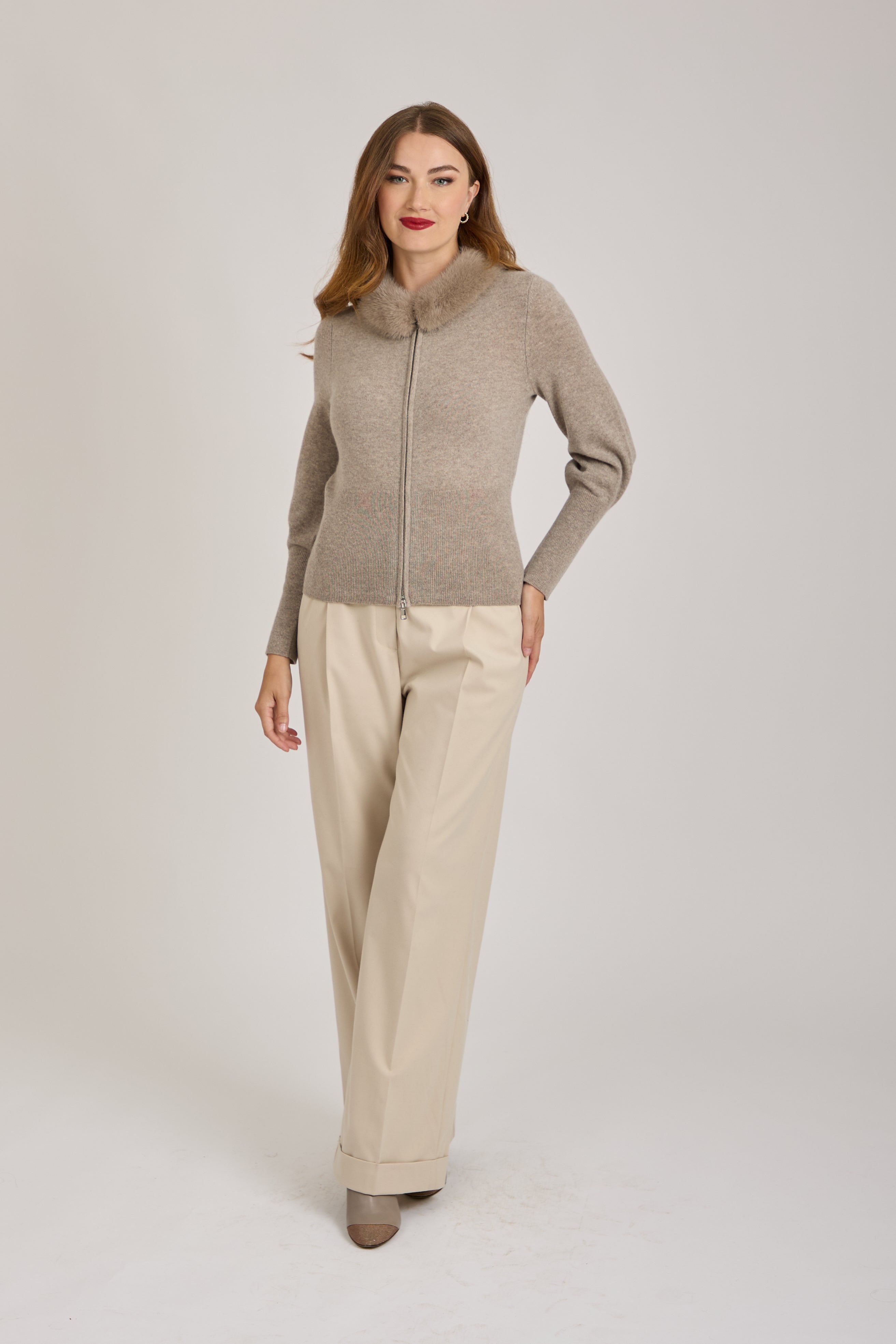 CASHMERE CARDIGAN WITH MINK COLLAR-TAUPE