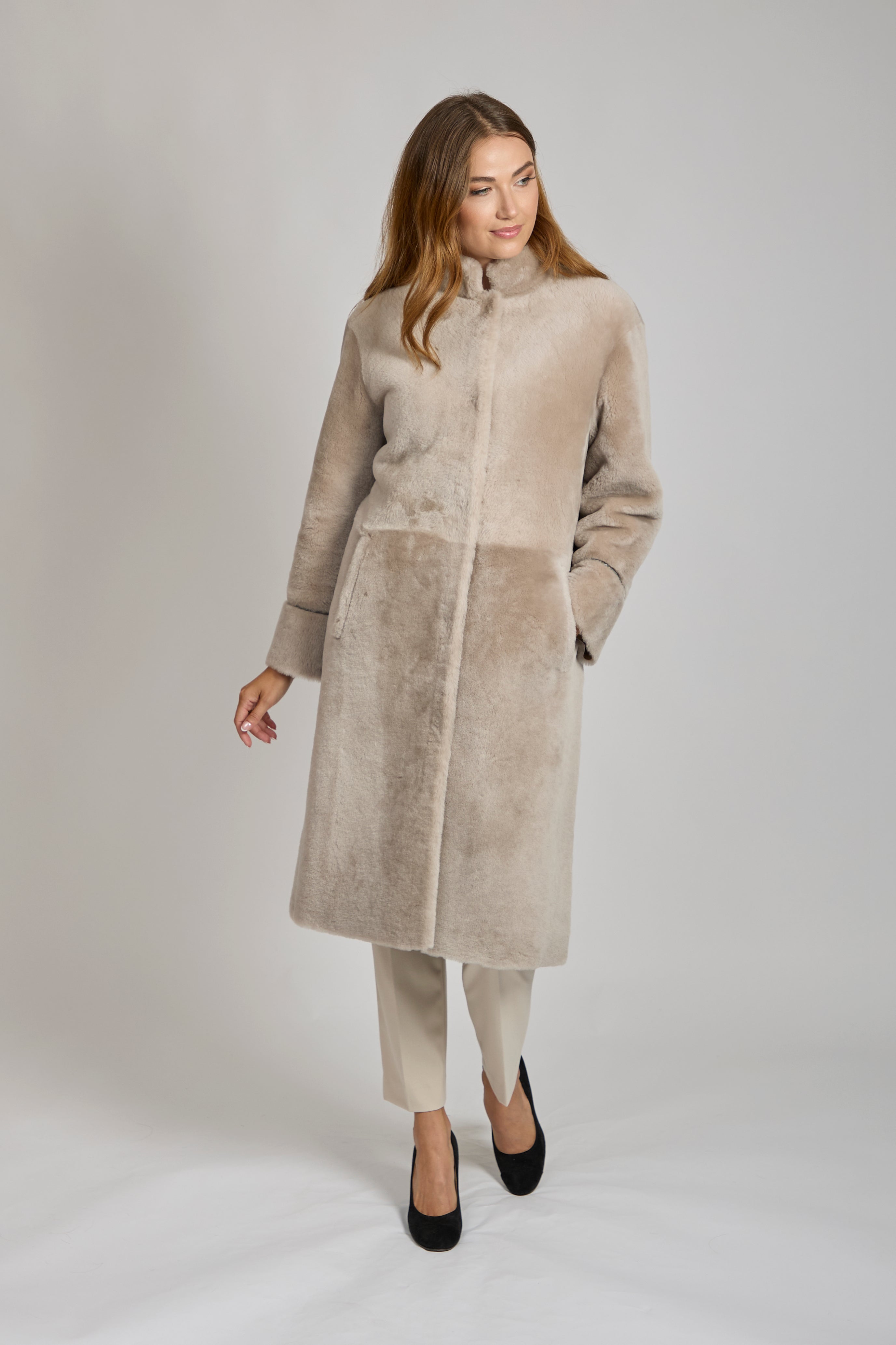 Veste réversible en peau lainée, beige