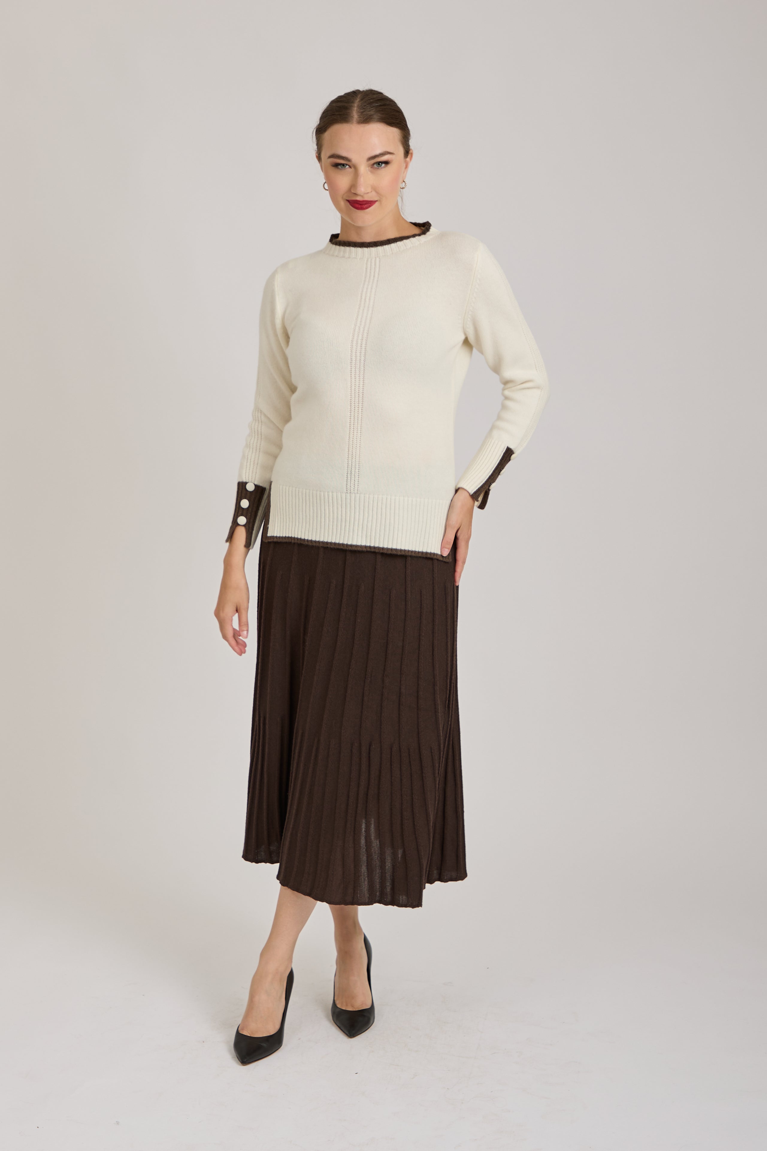 MERINO PLEATED SKIRT- BROWN