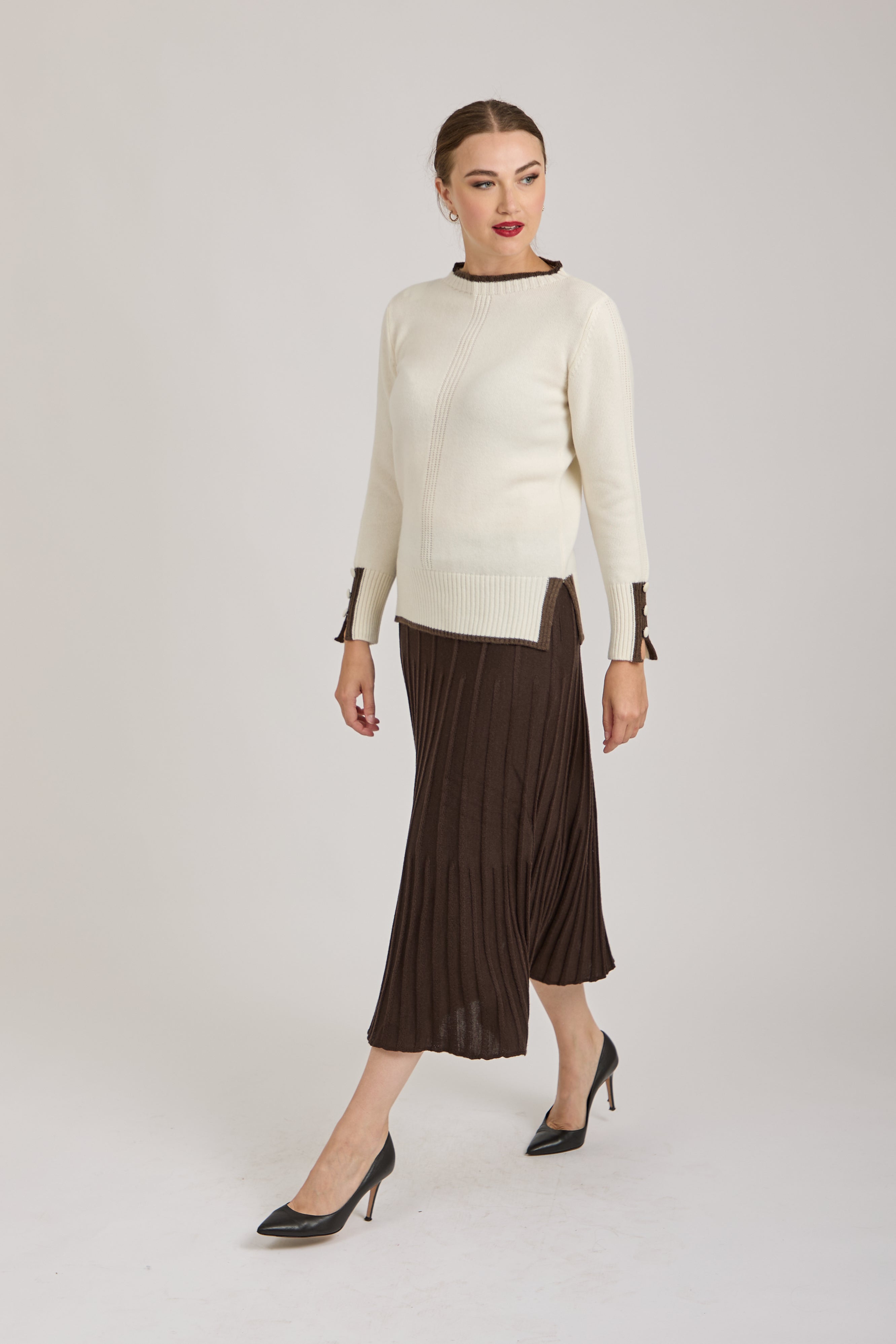 MERINO PLEATED SKIRT- BROWN