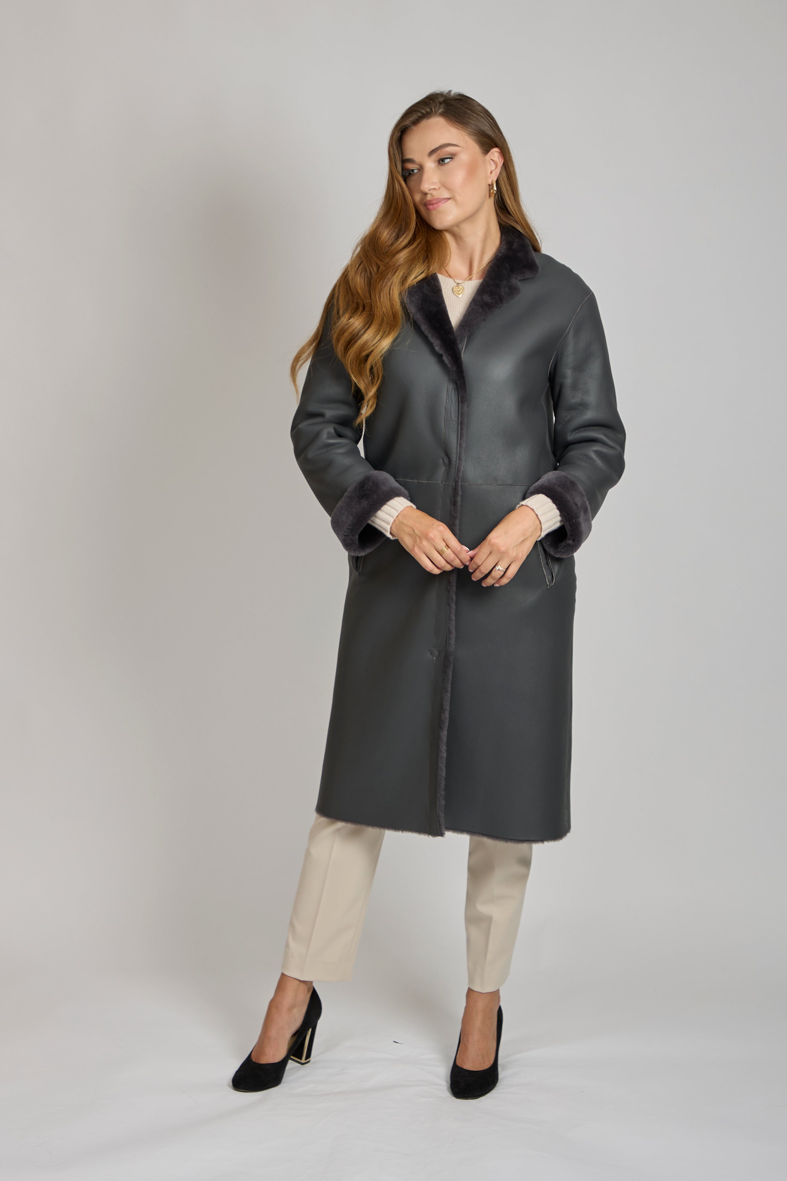 Veste réversible en peau lainée anthracite