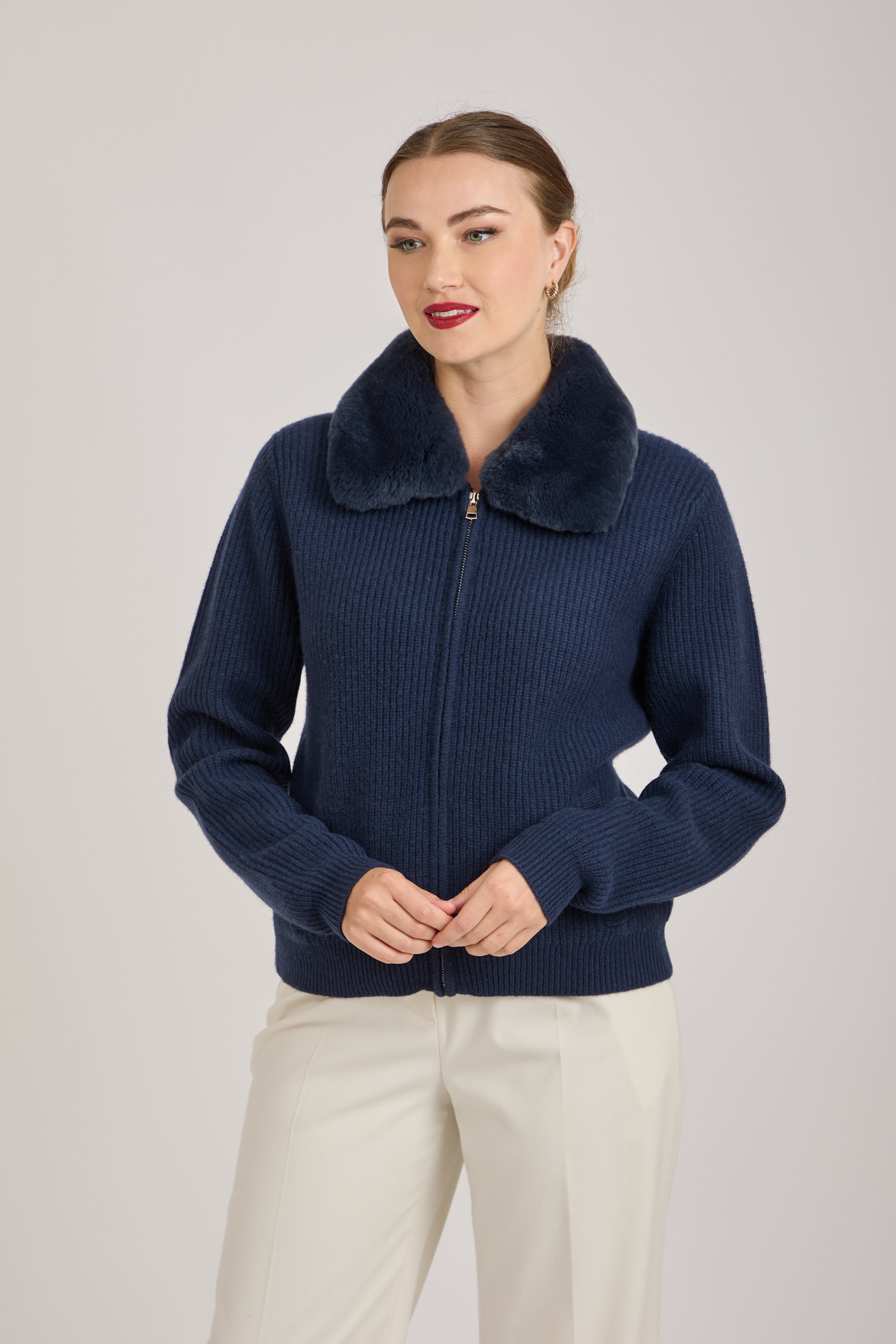 CASHMERE CARDIGAN WITH REX COLLAR-NAVY