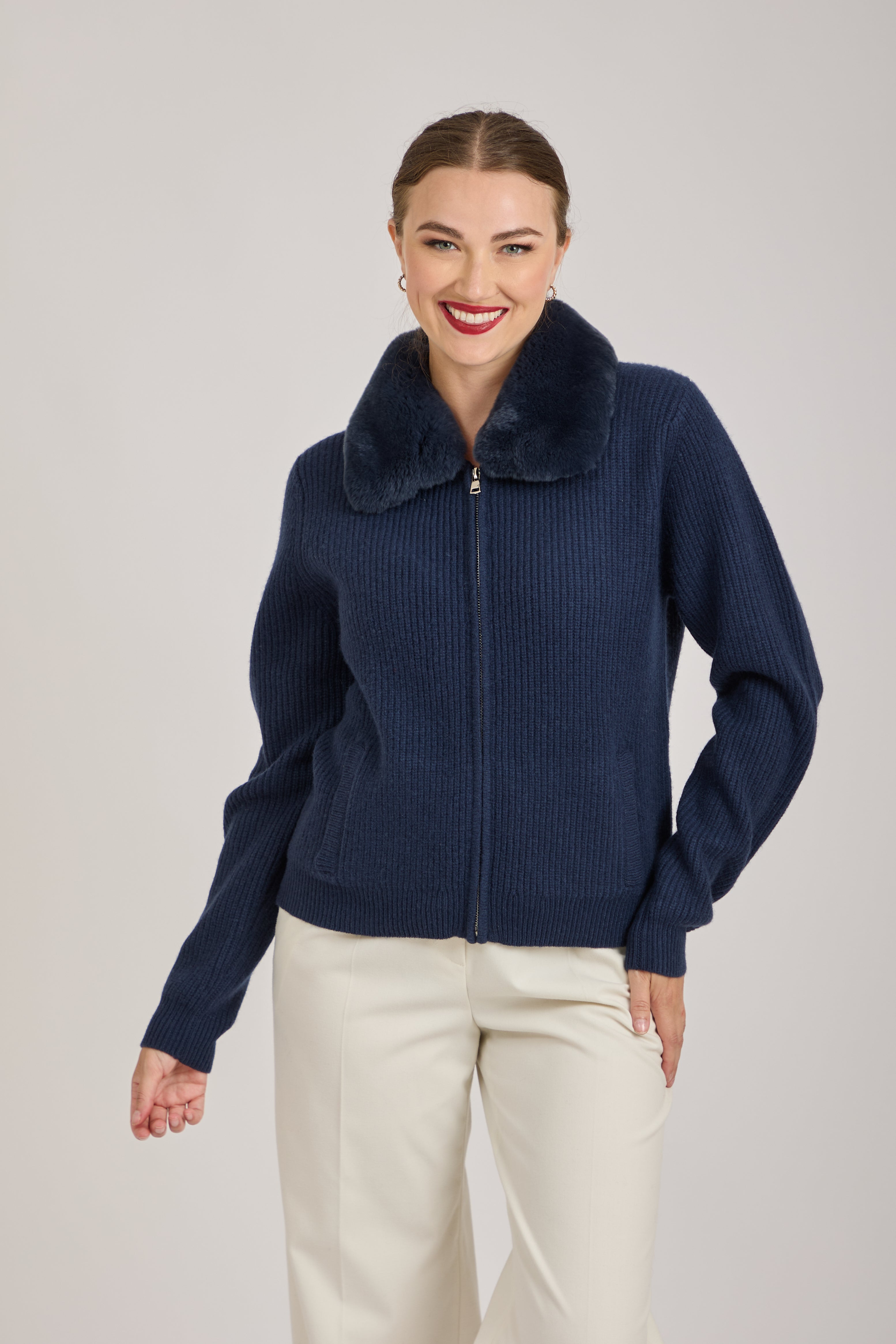 CASHMERE CARDIGAN WITH REX COLLAR-NAVY