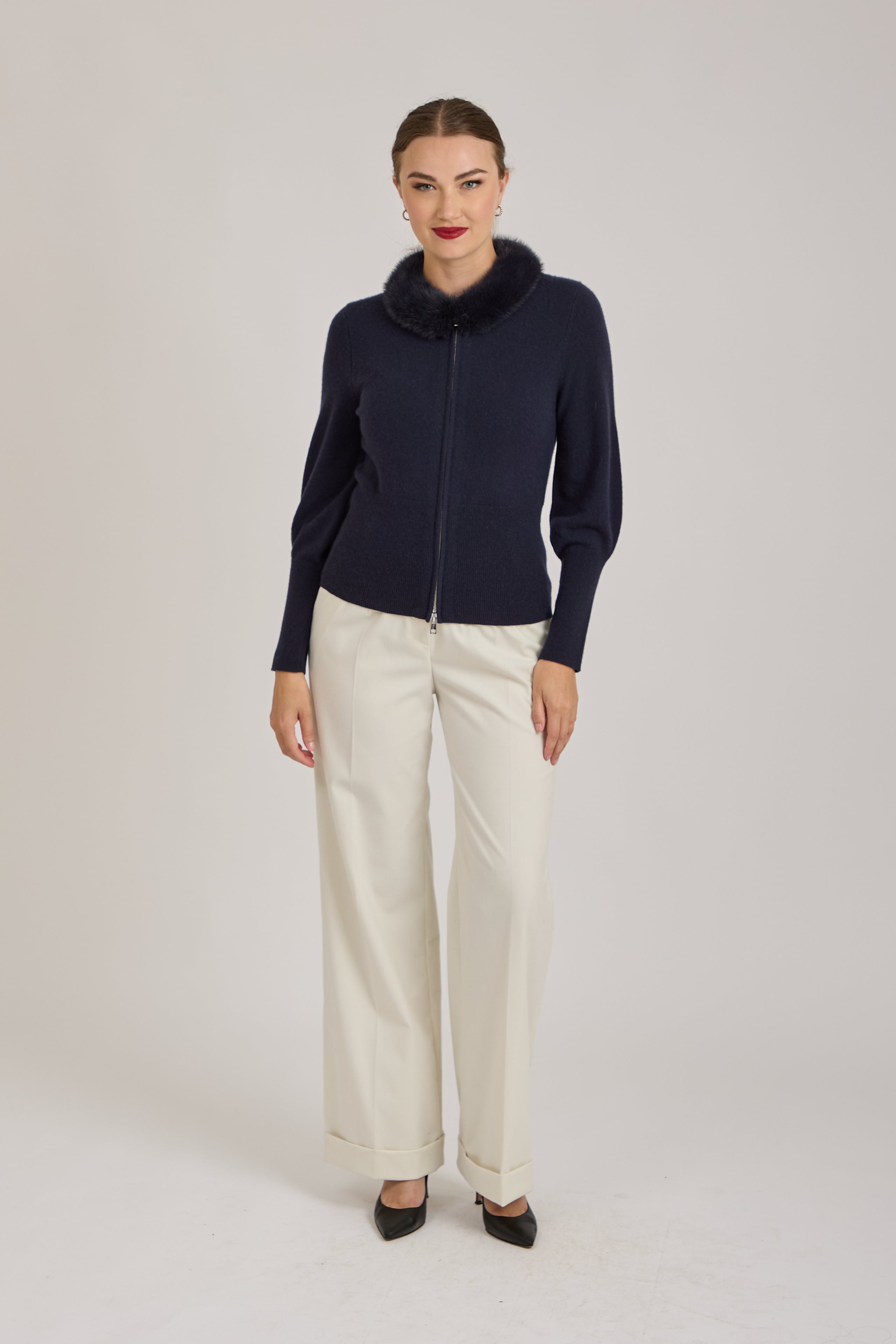 CASHMERE CARDIGAN WITH MINK COLLAR-NAVY