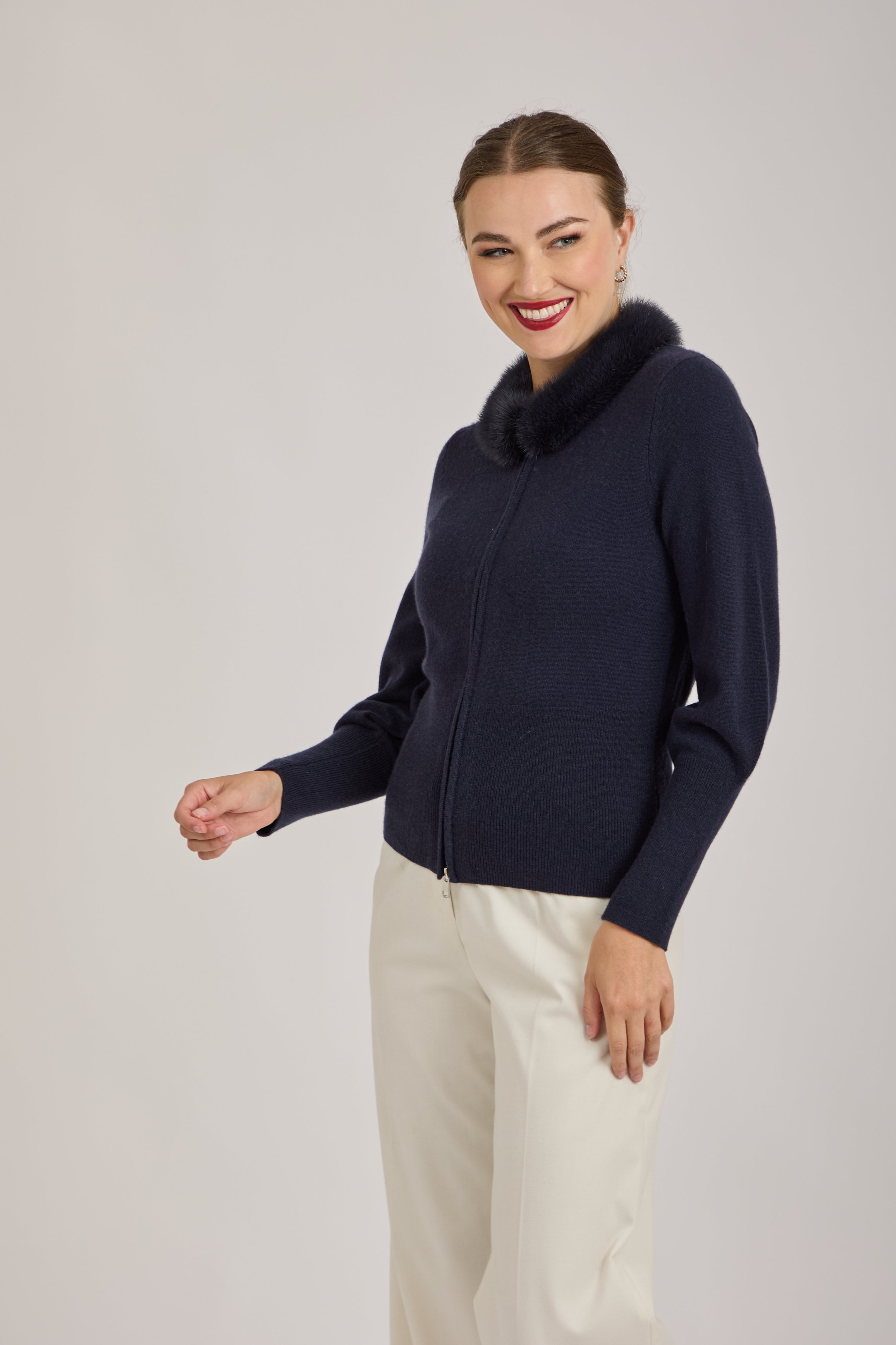 CASHMERE CARDIGAN WITH MINK COLLAR-NAVY