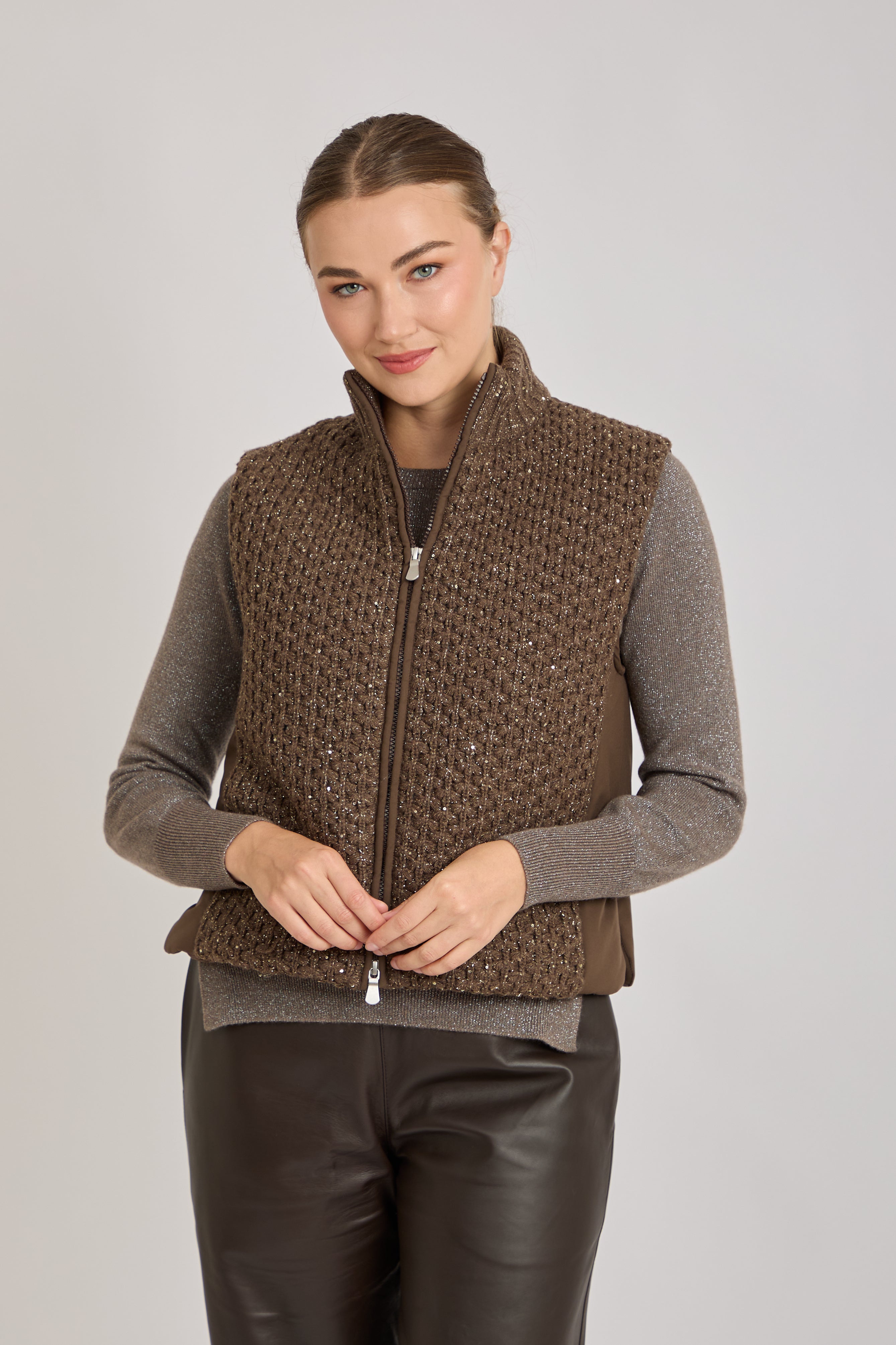 VEST WITH LUREX DETAILS- BROWN