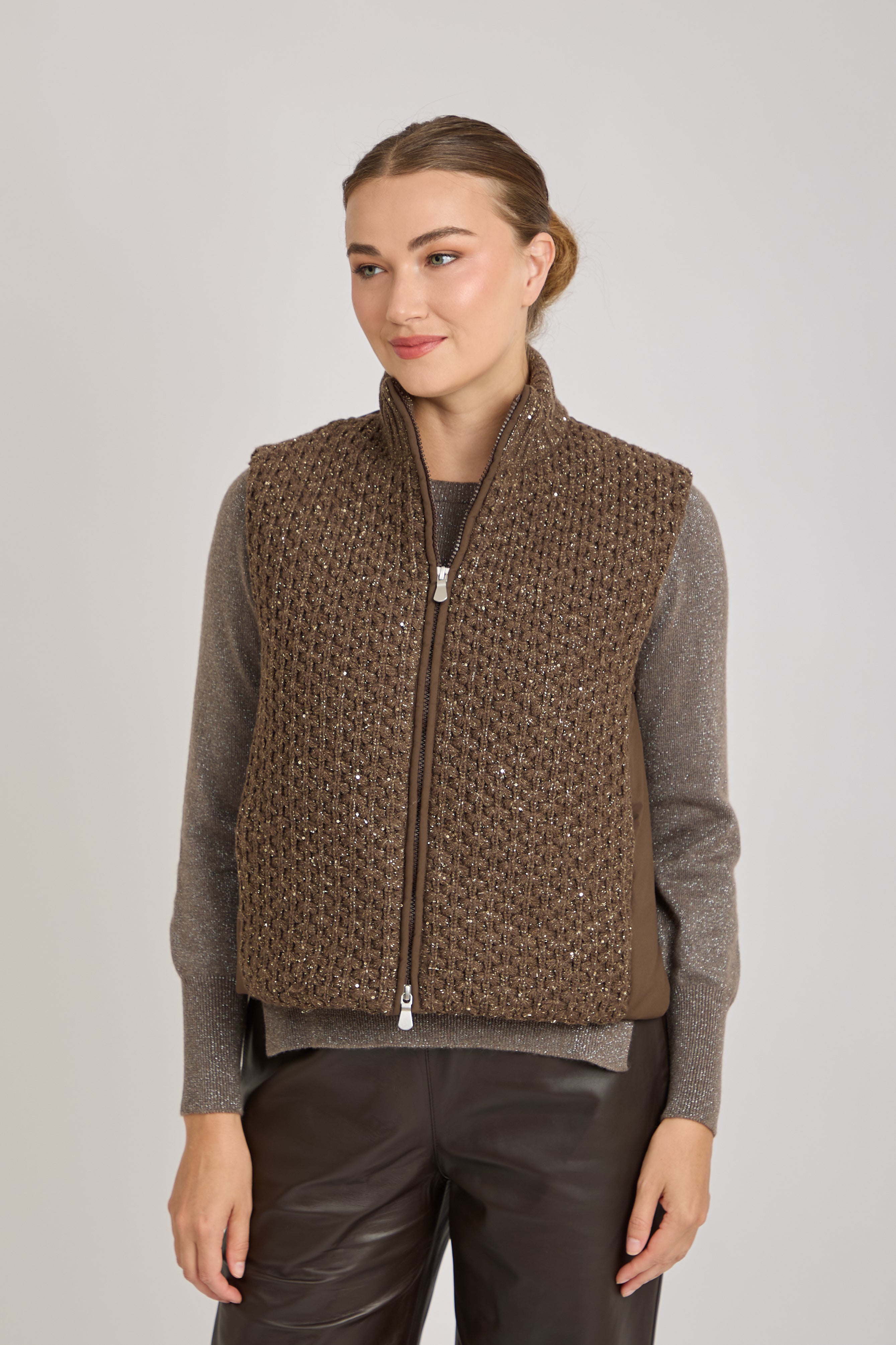 VEST WITH LUREX DETAILS- BROWN