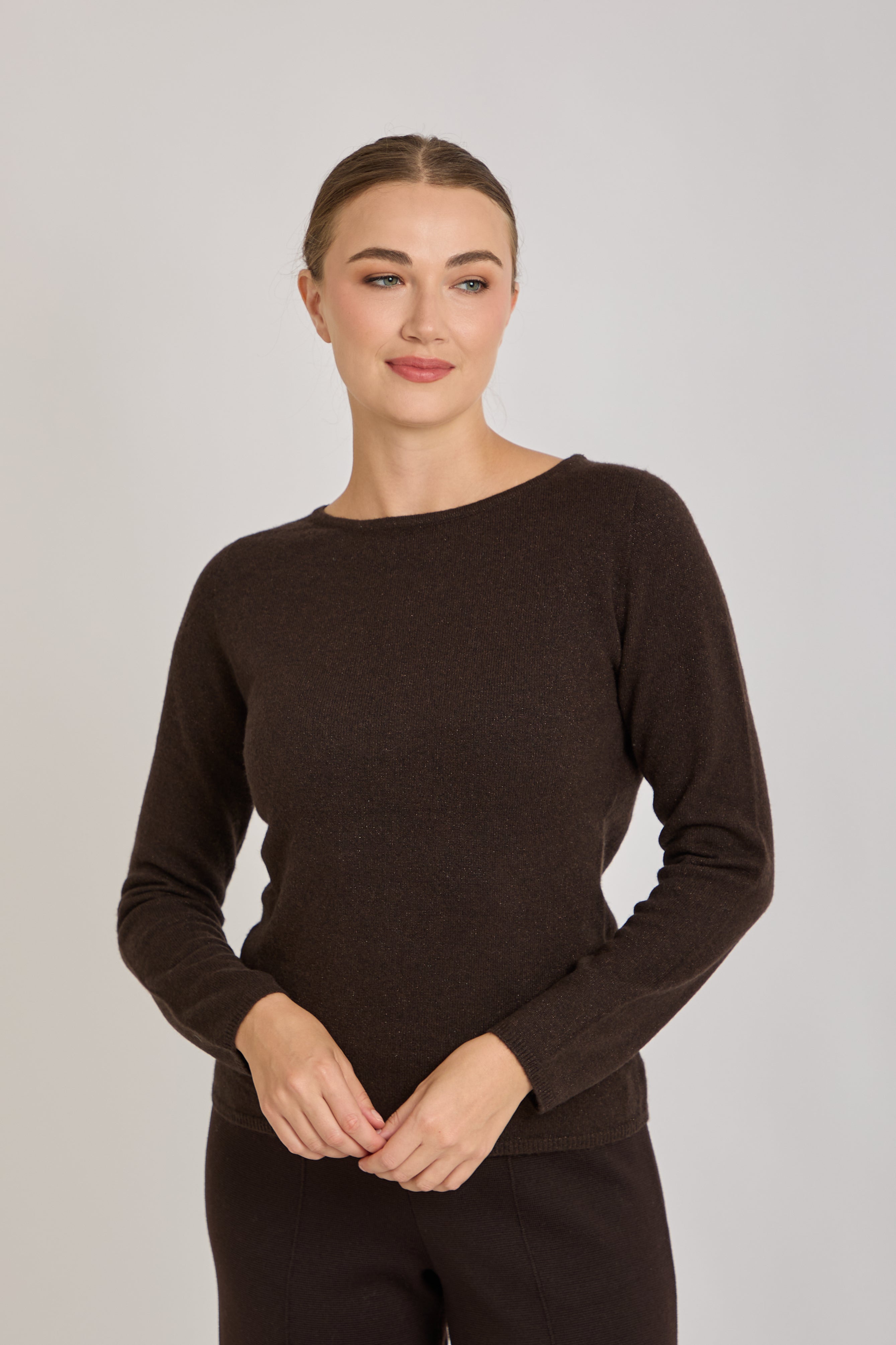 CREW NECK CASHMERE JUMPER-BROWN