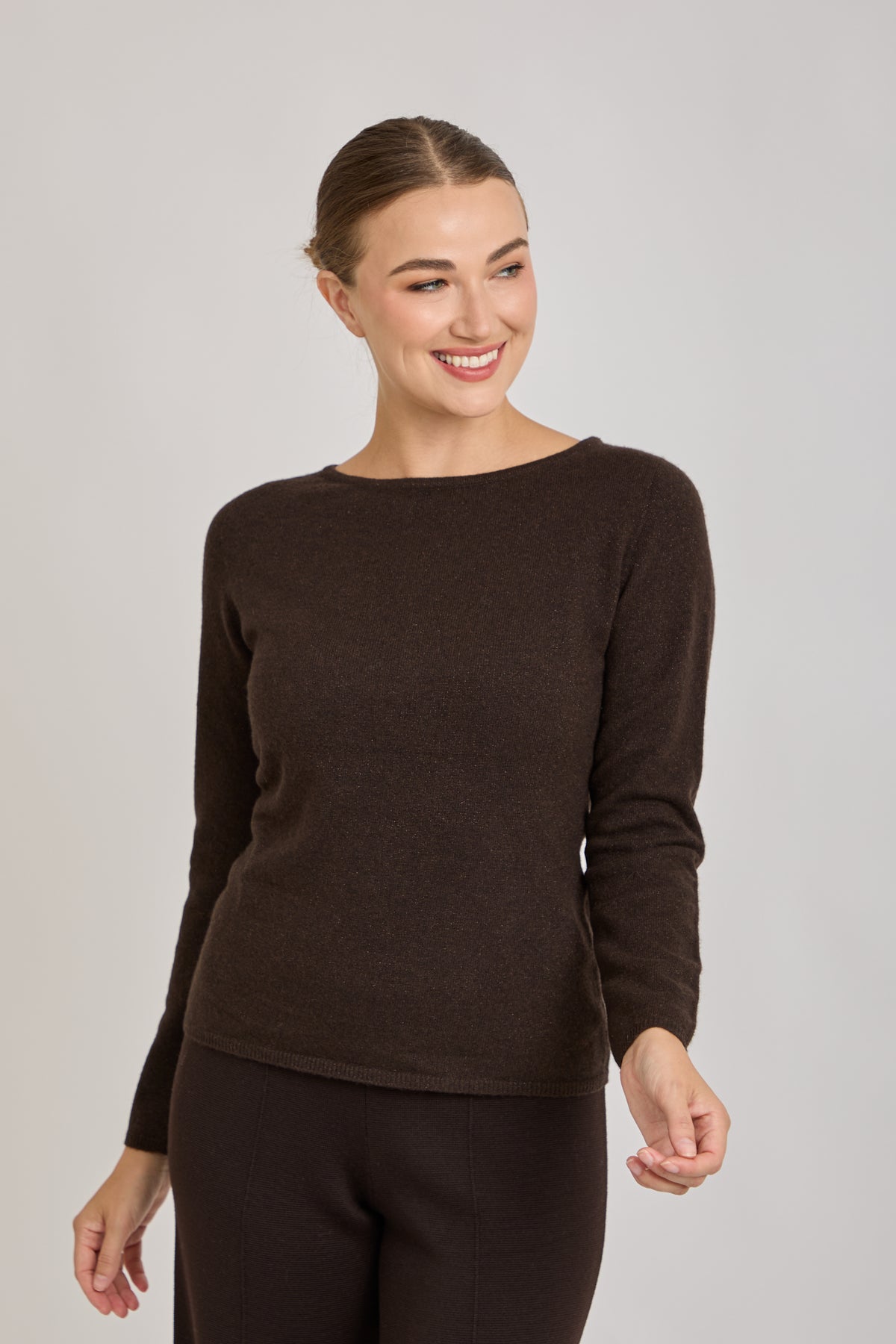 CREW NECK CASHMERE JUMPER-BROWN