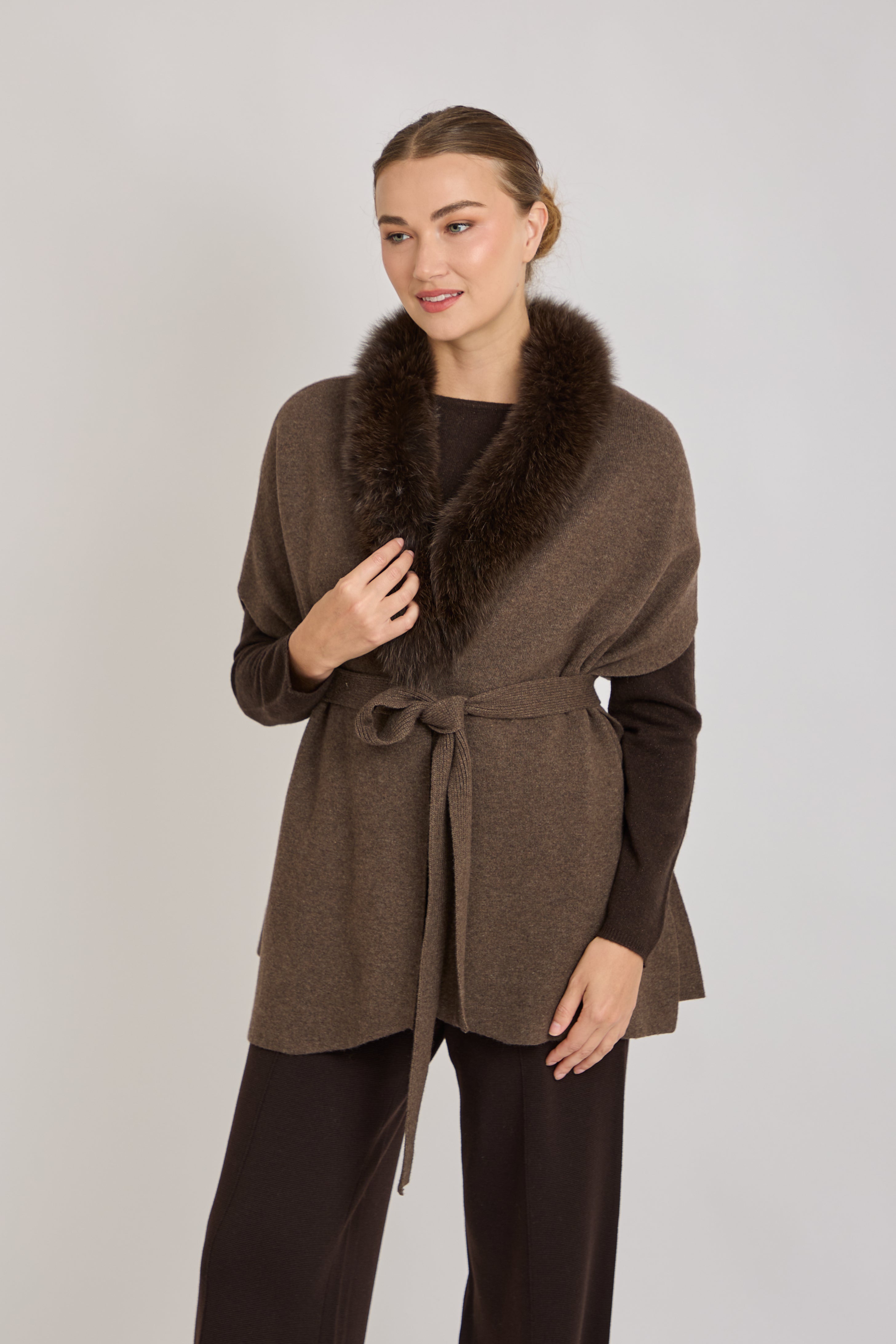 CARDIGAN WITH FOX FUR DETAILS-MARRON