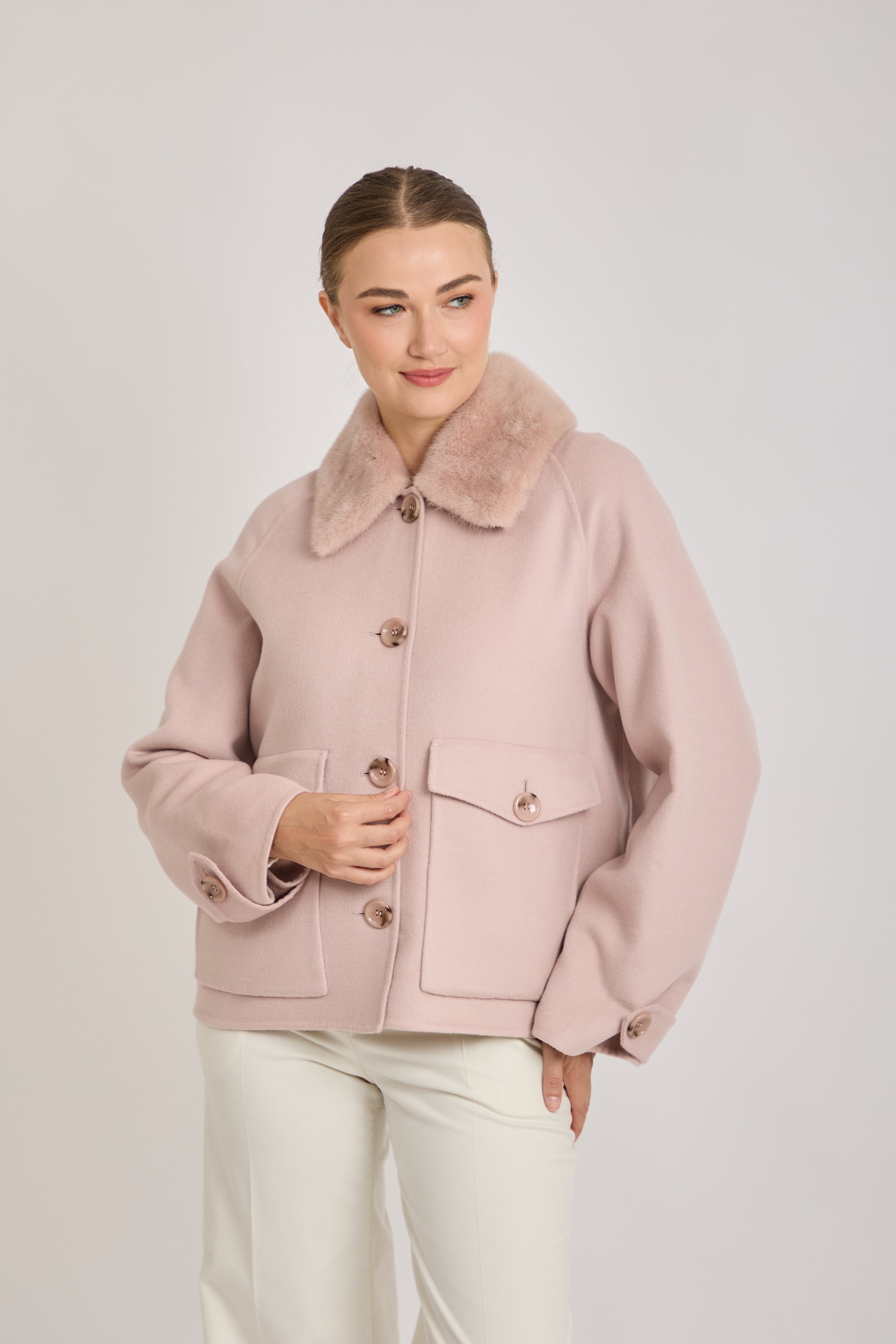 SHORT JACKET WITH DETACHABLE MINK COLLAR-ROSE