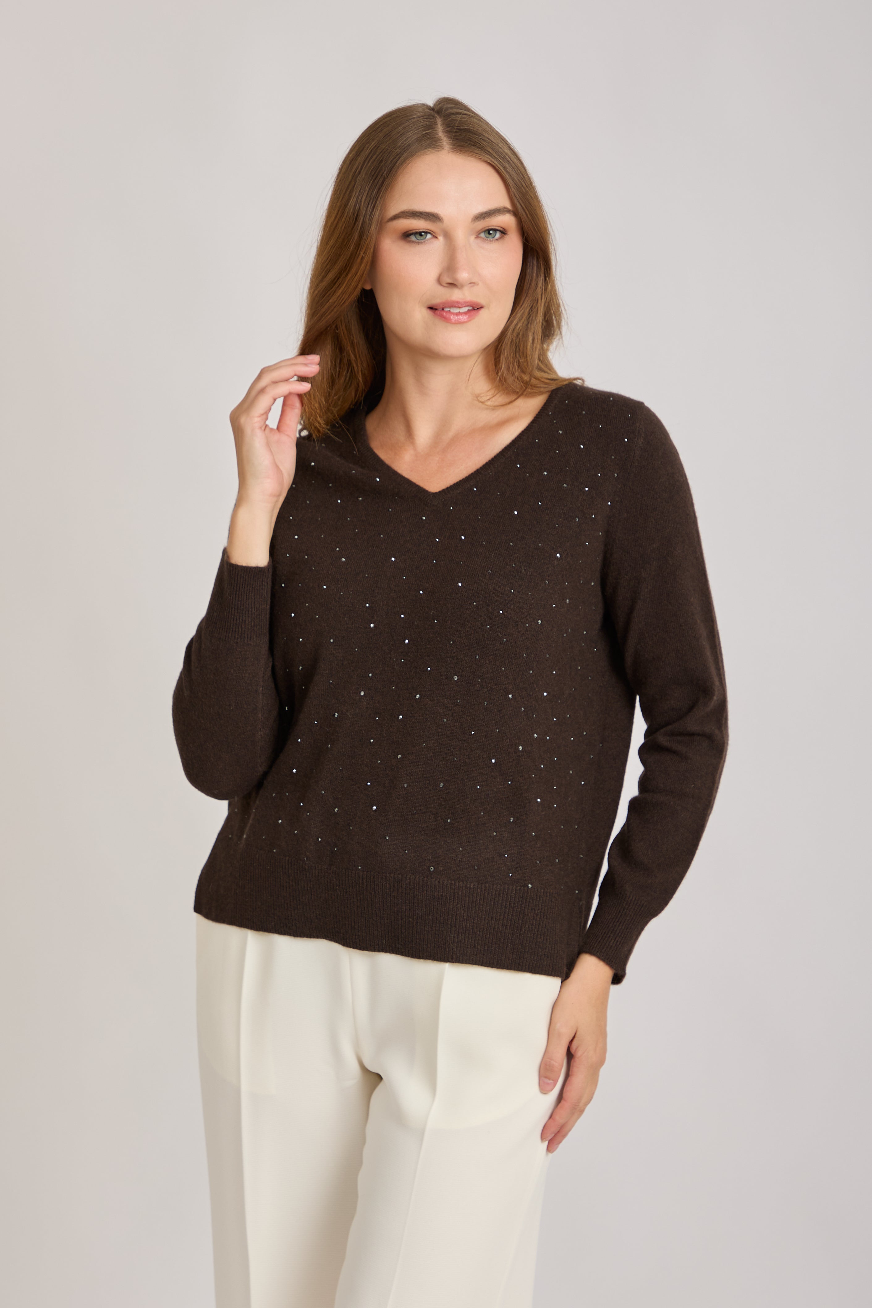V NECK CASHMERE JUMPER WITH STRASS - BROWN