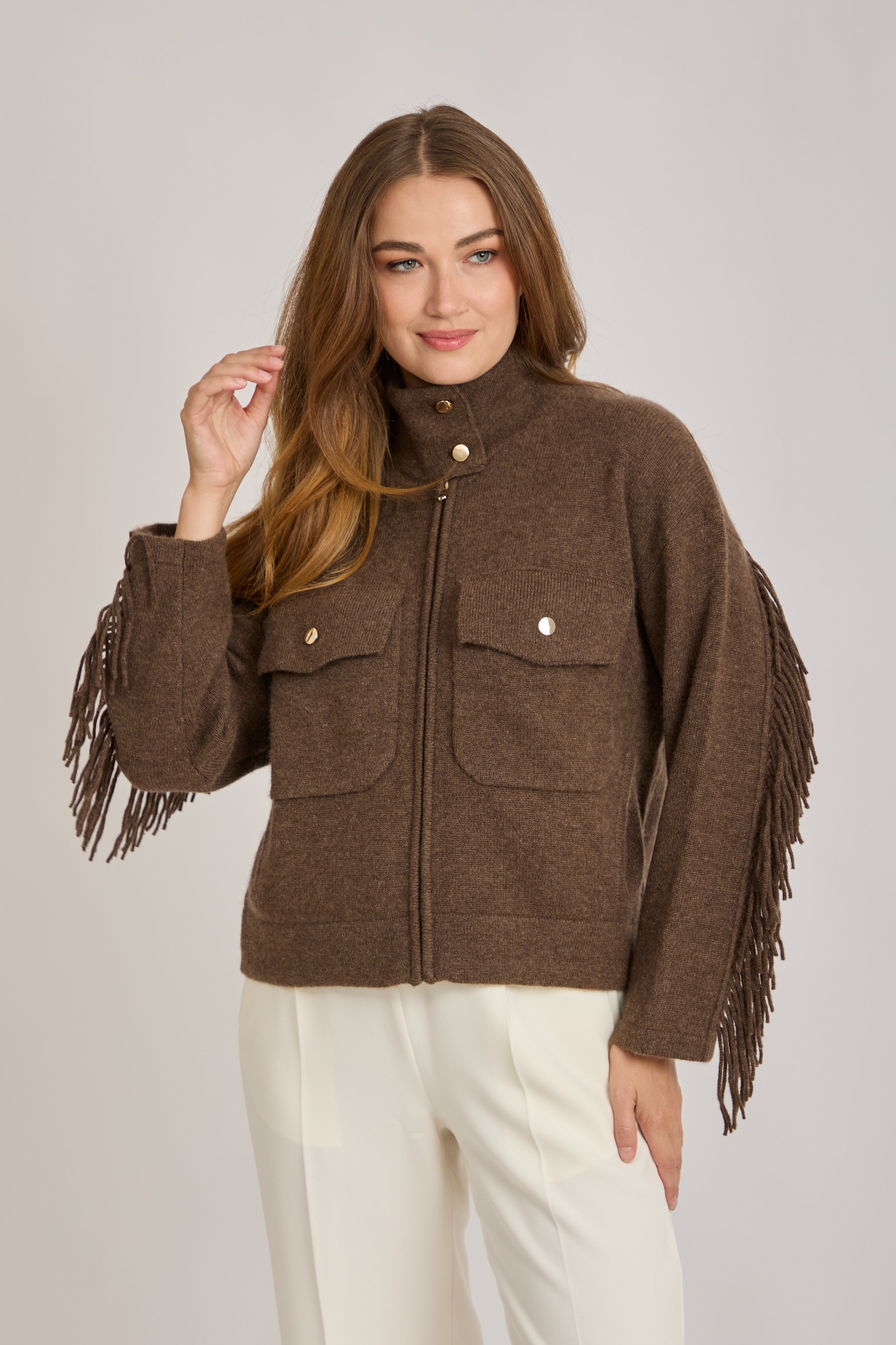CASHMERE CARDIGAN WITH FRINGE-MOKA